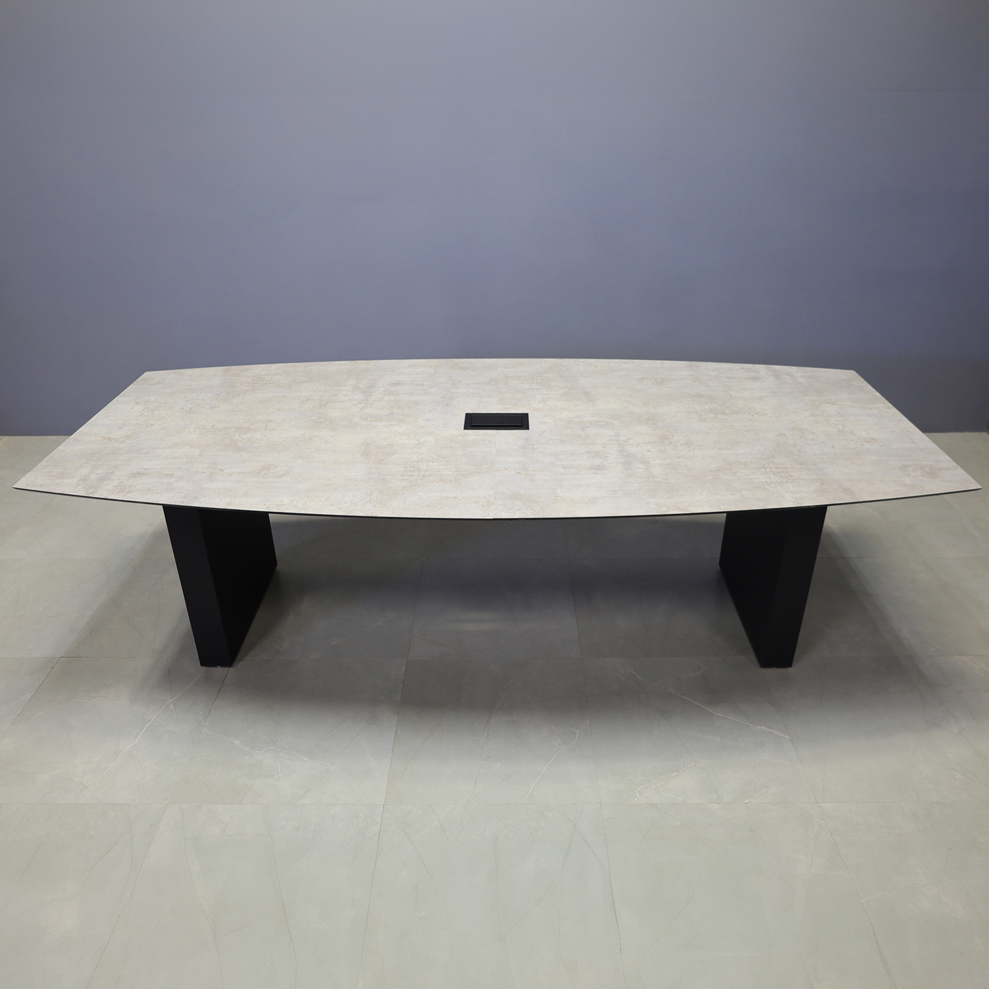 108-inch Aurora Boat Conference Table in 1/2-inch Industrial concrete engineered surface top, black matte laminate standard base, and black MX2 power box.