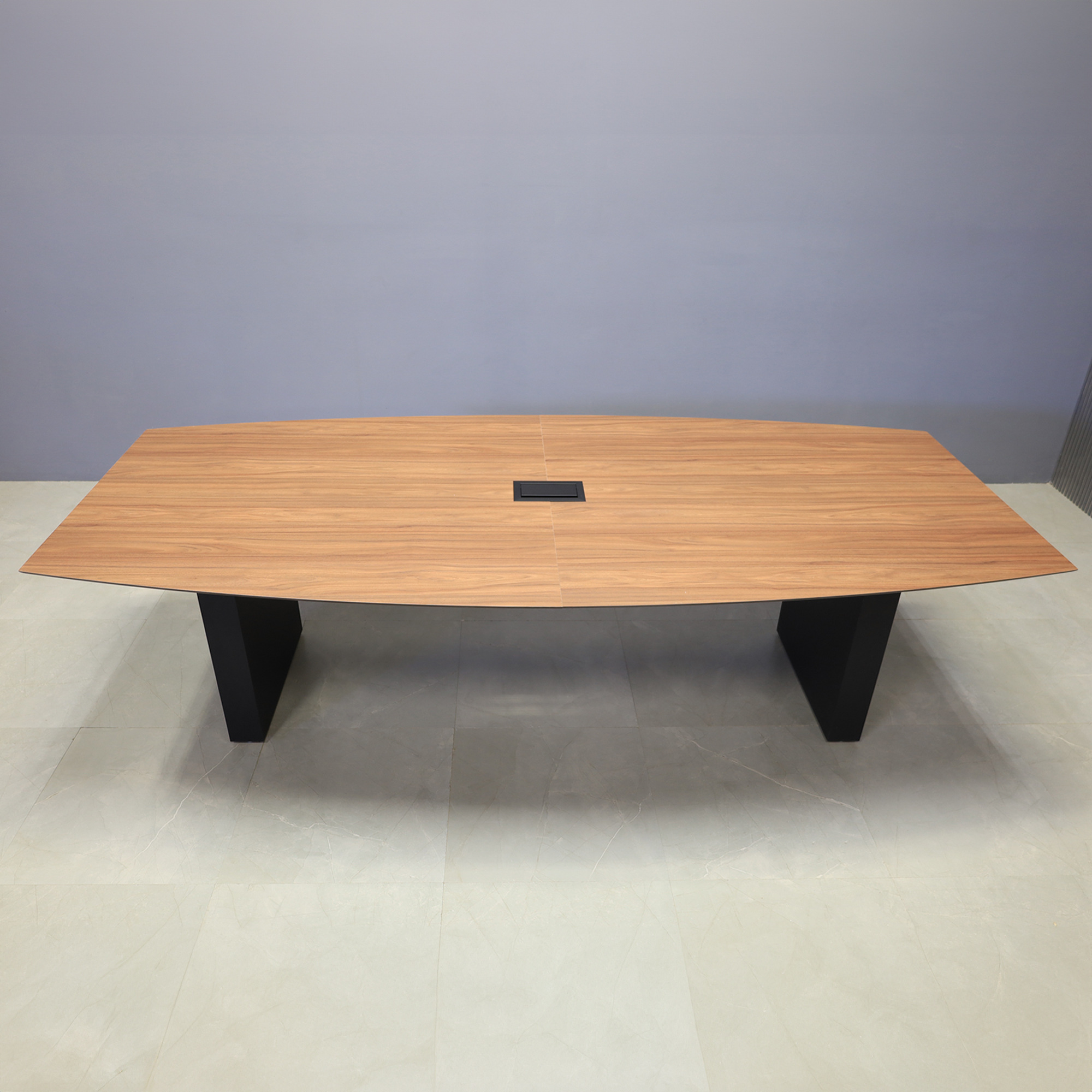 106-inch Aurora Boat Conference Table in 1/2-inch italian walnut engineered surface top, black matte laminate base, and black MX3 power box.