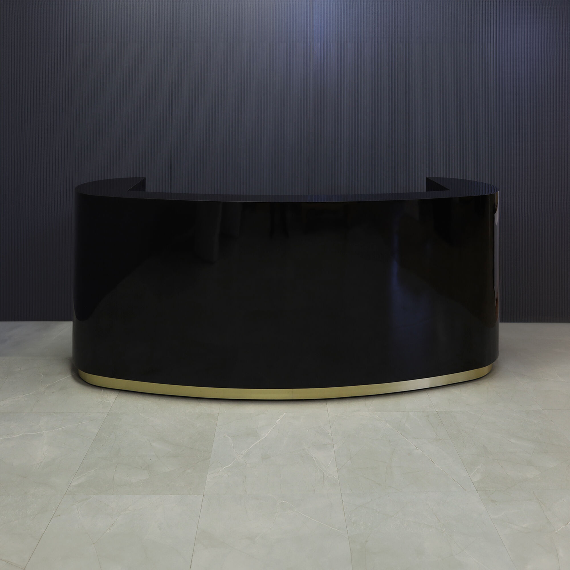 The Pill Custom Reception Desk in black gloss laminate main desk and brushed gold toe-kick, shown here.