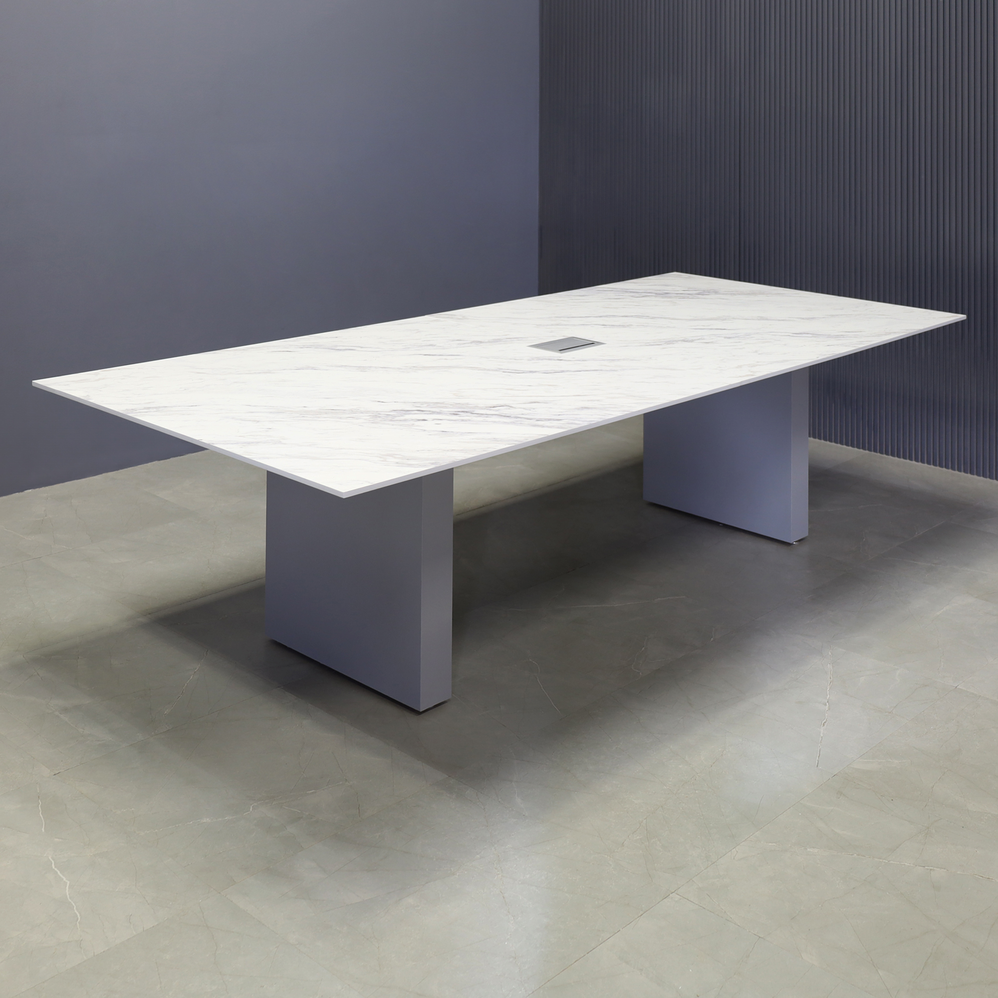 108-inch Aurora Rectangular Conference Table in 1/2-inch calcutta blanc engineered surface top, fog gray matte laminate standard base, and silver MX3 power box.
