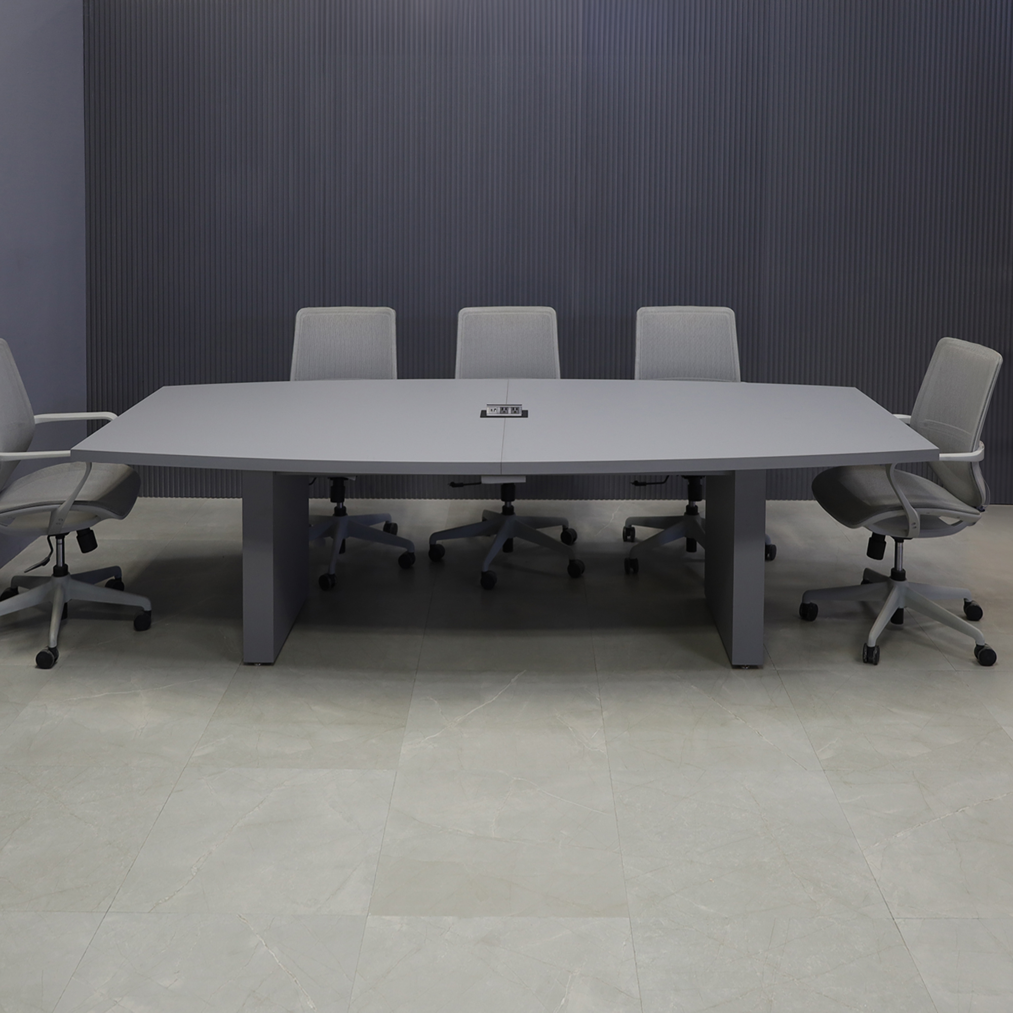 108-inch Newton Boat Shape Conference Table in DISCONTINUED gray laminate top & standard base, and black MX2 power box.
