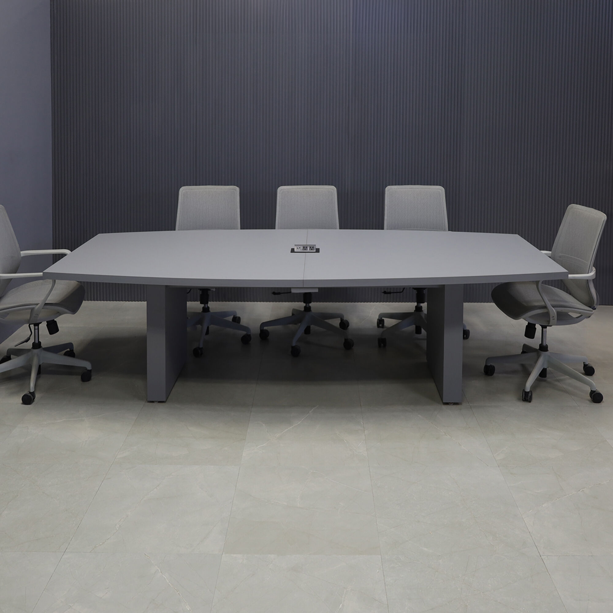 108-inch Newton Boat Conference Table in gray traceless laminate on top & standard base, and black MX2 power box.