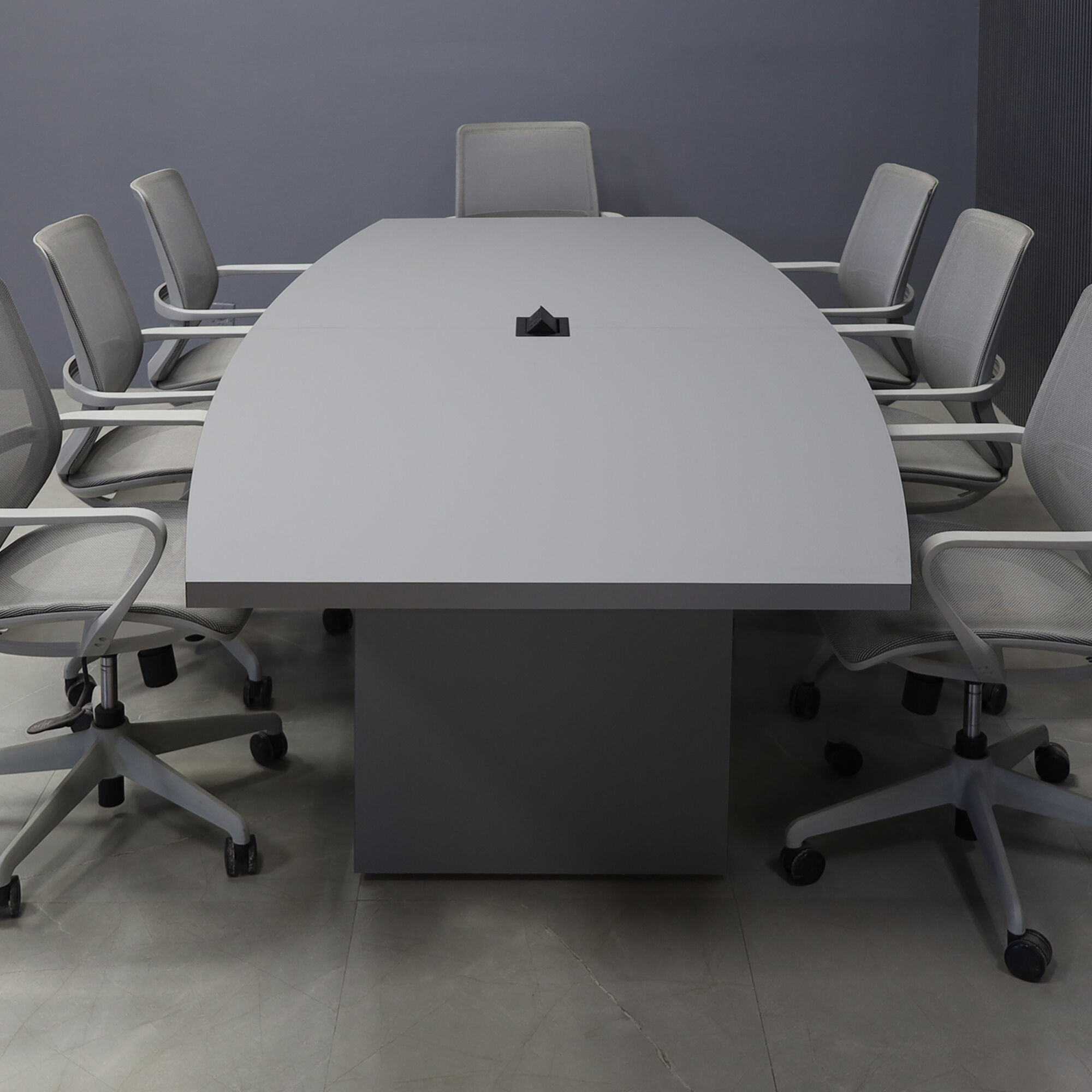 108-inch Newton Boat Conference Table in gray traceless laminate on top & standard base, and black MX2 power box.