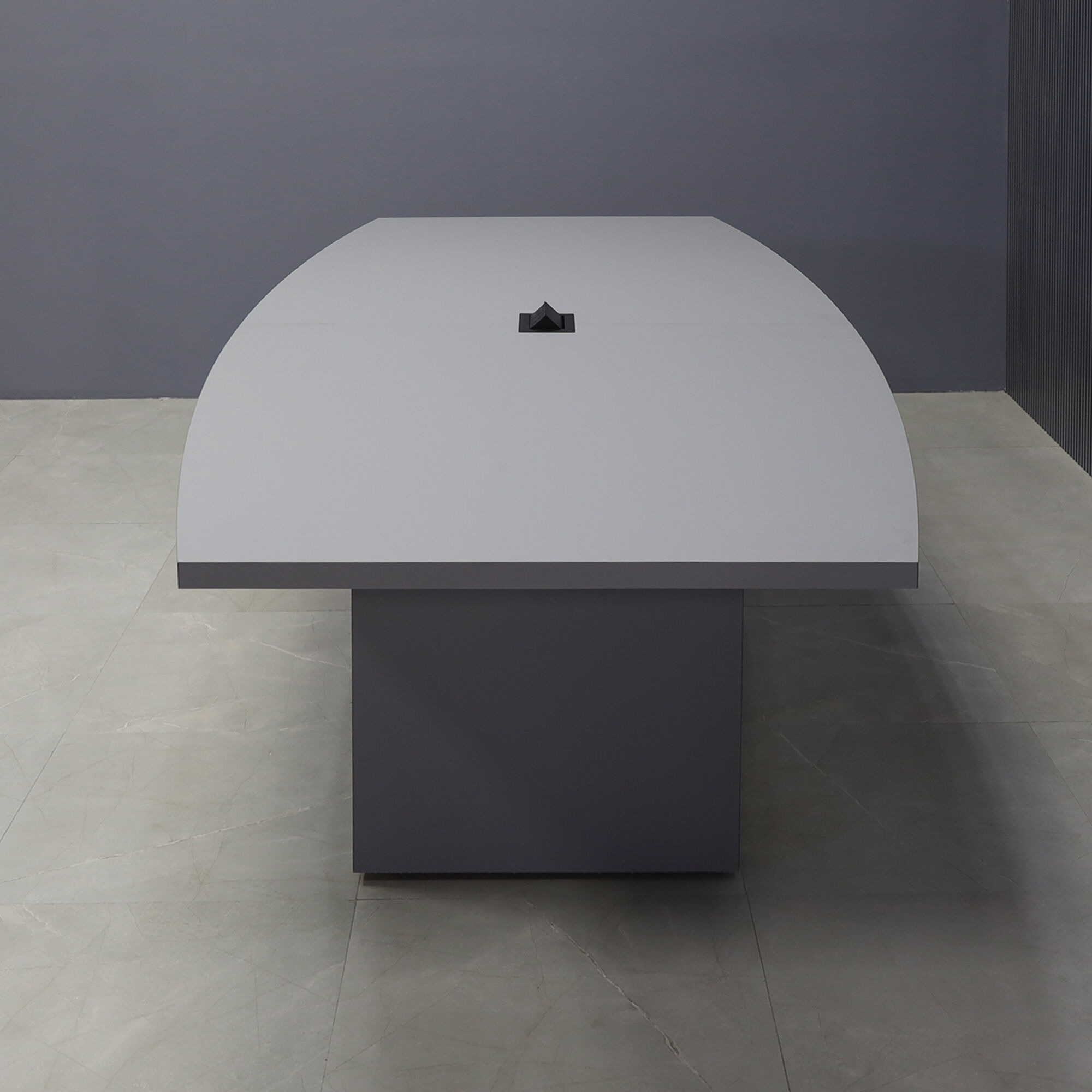108-inch Newton Boat Conference Table in gray traceless laminate on top & standard base, and black MX2 power box.