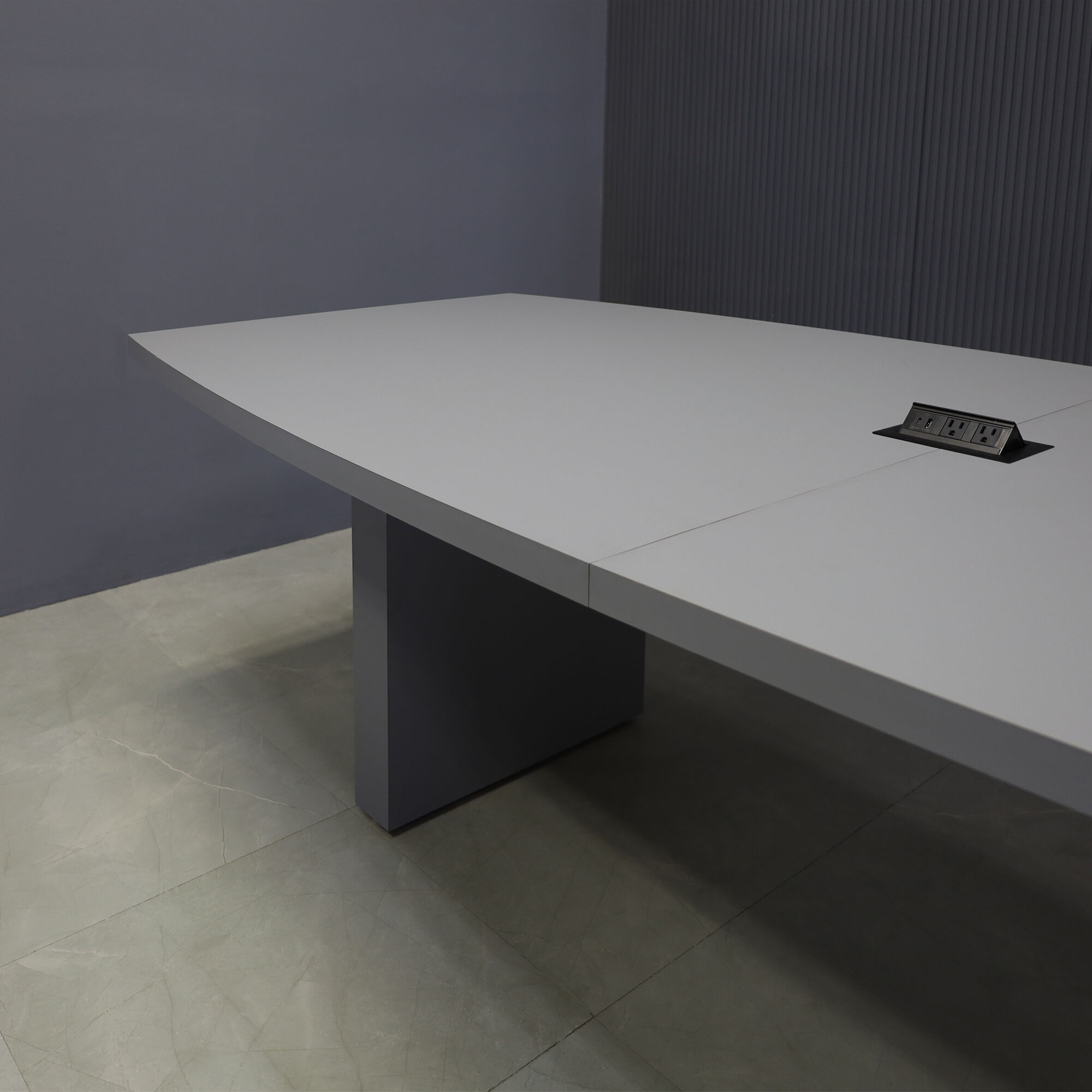 108-inch Newton Boat Conference Table in gray traceless laminate on top & standard base, and black MX2 power box.