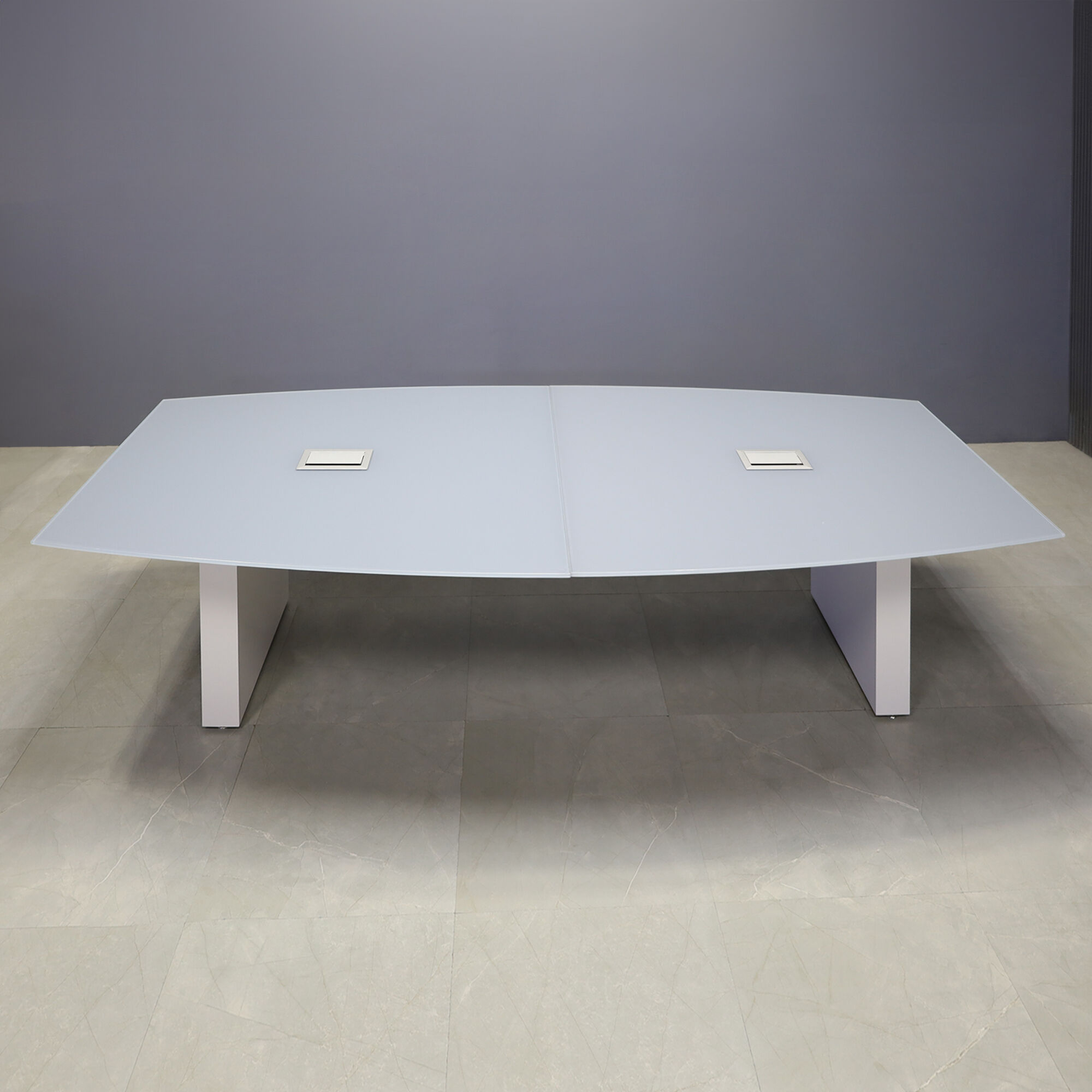 108-inch Omaha Boat Conference Table in 1/2-inch medium gray tempered glass top, white gloss laminate standard base, and two silver MX3 power boxes.