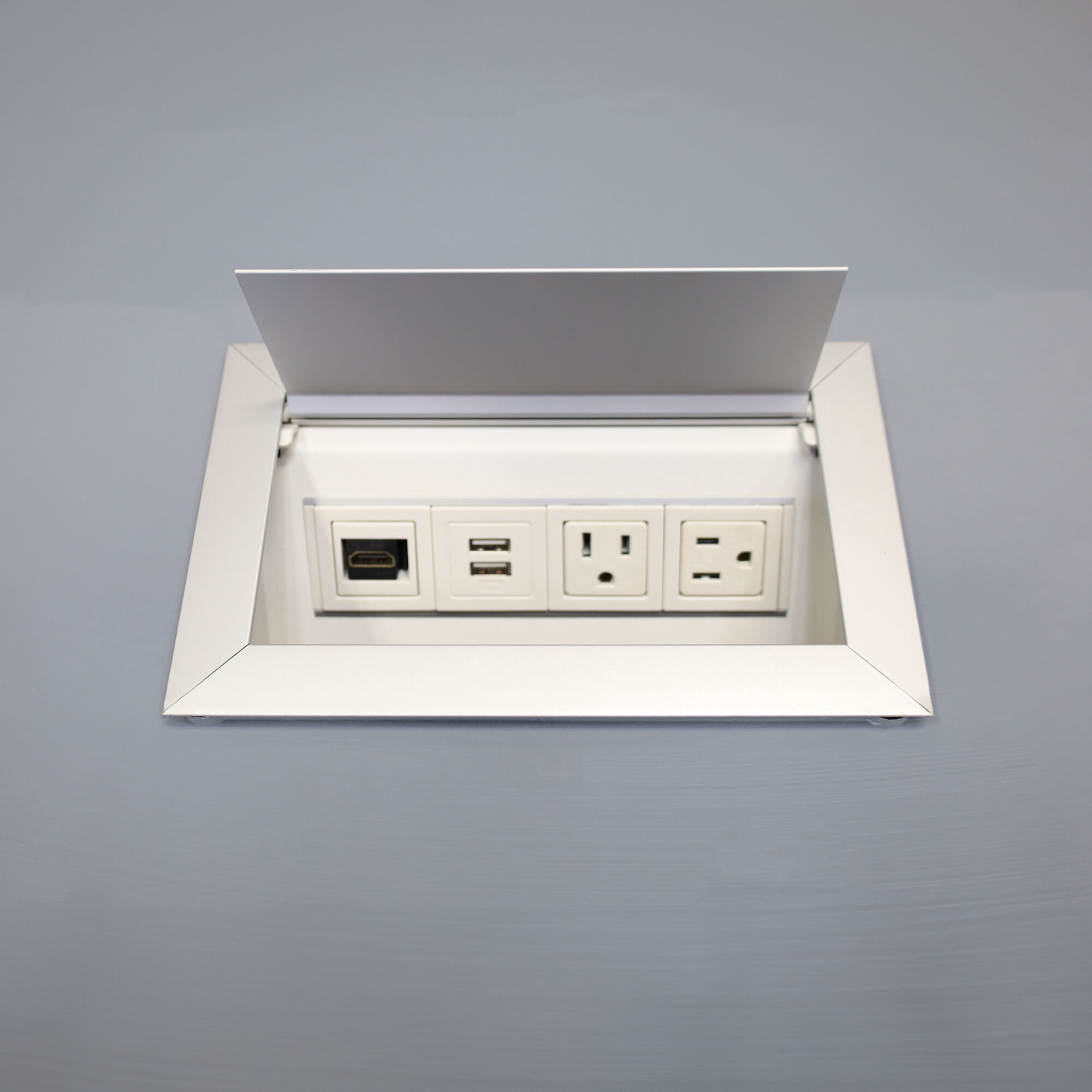 108-inch Omaha Boat Conference Table in 1/2-inch medium gray tempered glass top, white gloss laminate standard base, and two silver MX3 power boxes.