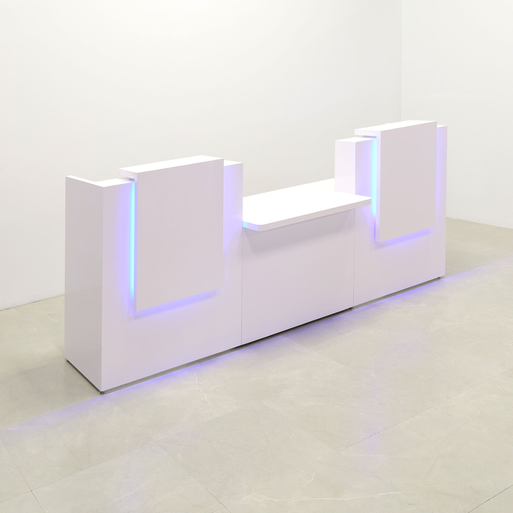 108-inch Chicago Double Counter and ADA Compliant Custom Reception Desk in white gloss laminate counters & desks, and color changing LED.