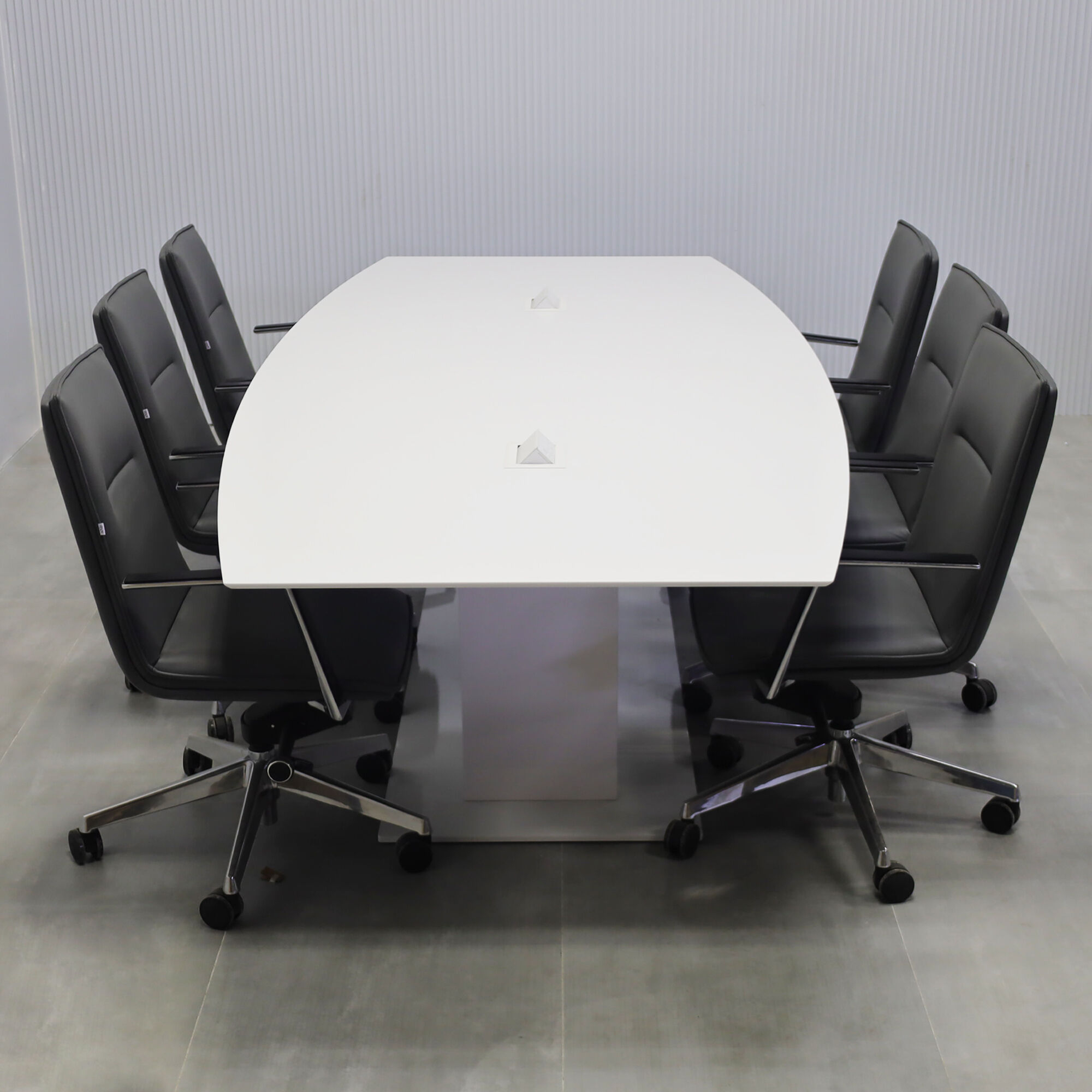 108-inch Aurora Boat Conference Table with white solid engineered surface top, white gloss laminate pedestal, white metal base, and white MX2 power box.