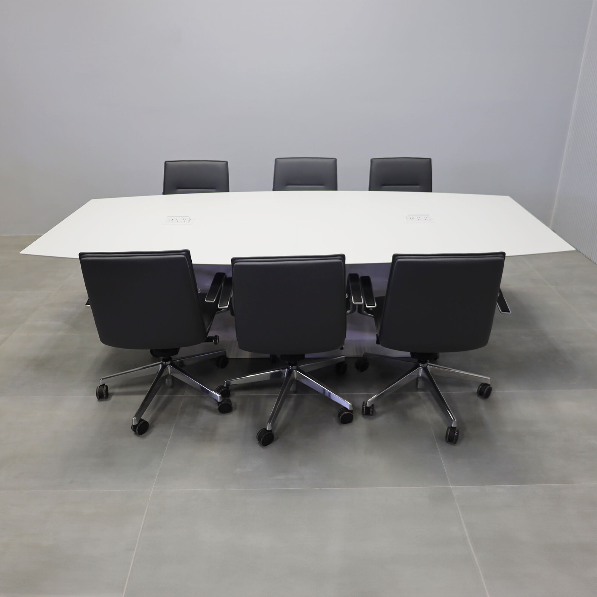108-inch Aurora Boat Conference Table with white solid engineered surface top, white gloss laminate pedestal, white metal base, and white MX2 power box.
