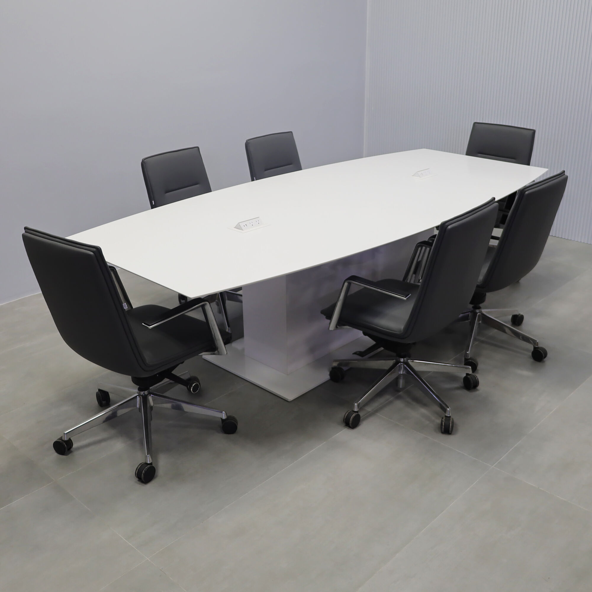 108-inch Aurora Boat Conference Table with white solid engineered surface top, white gloss laminate pedestal, white metal base, and white MX2 power box.