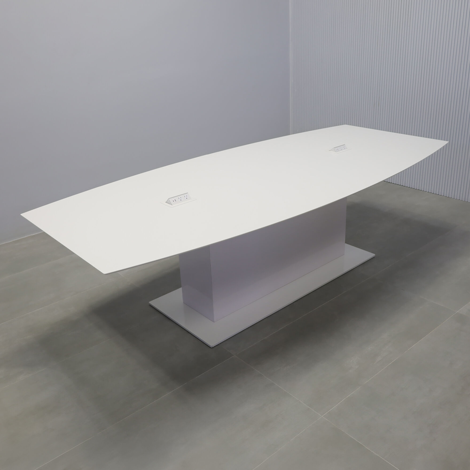 108-inch Aurora Boat Conference Table with white solid engineered surface top, white gloss laminate pedestal, white metal base, and white MX2 power box.