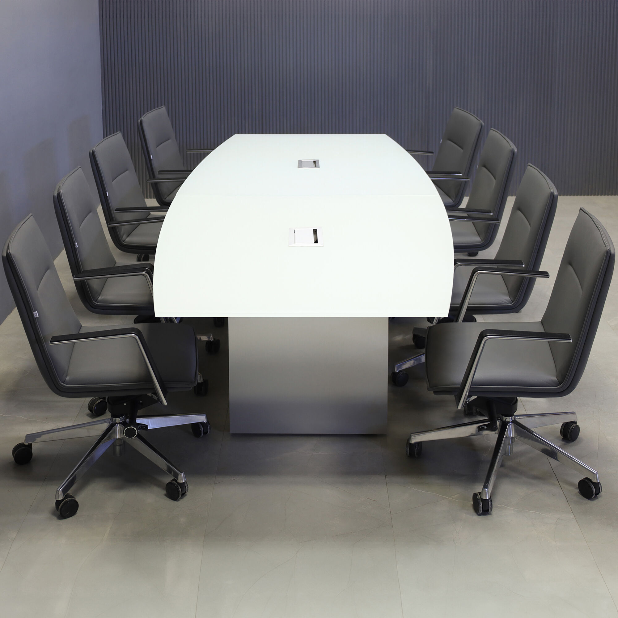 108-inch Omaha Boat Shape Conference Table on 1/2-inch white tempered glass top, standard column base in brushed aluminum, and two silver MX3 power boxes.