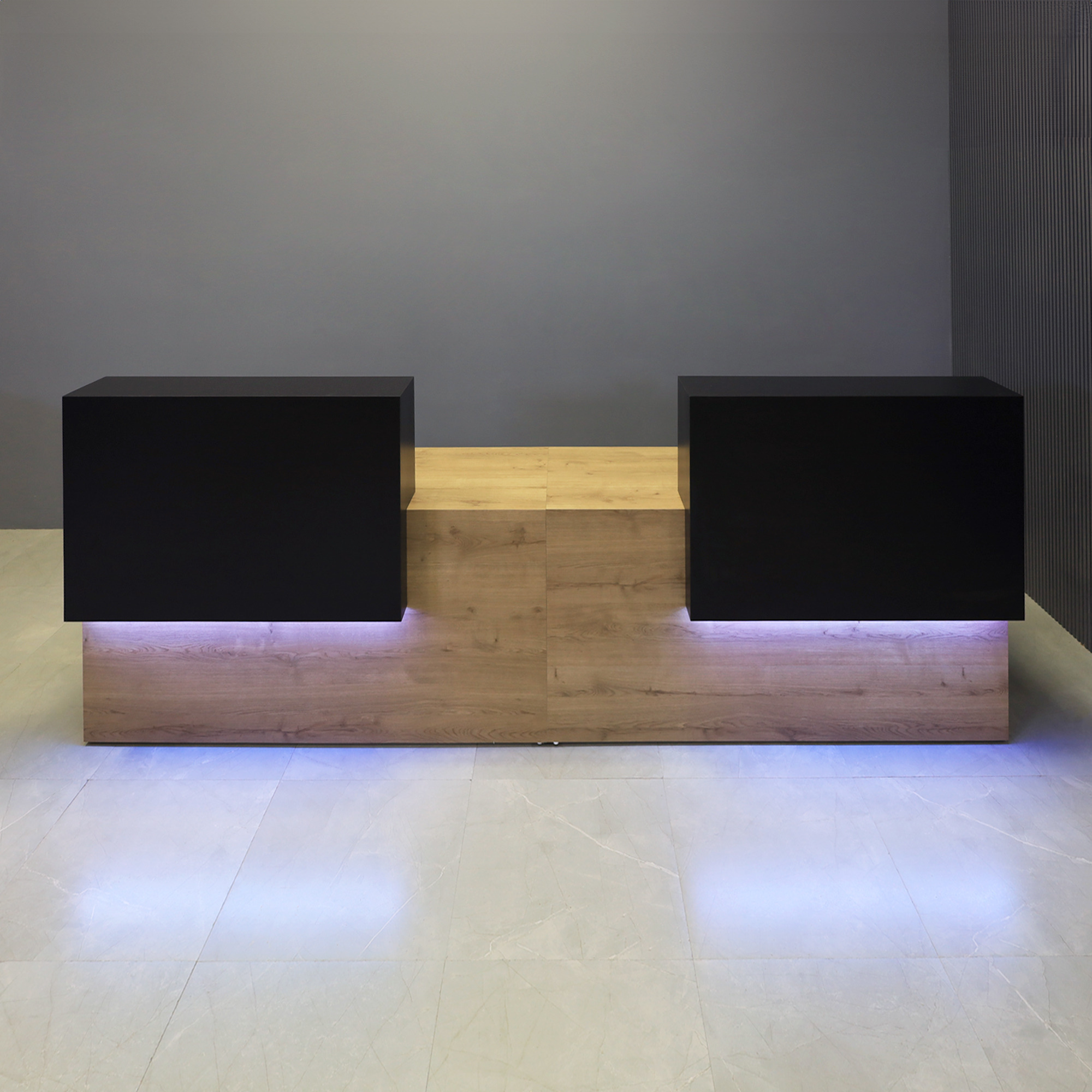 120-inch Los Angeles Double Counter Custom Reception Desk in black matte laminate counters, planked urban oak matte laminate desks, and color changing LED.