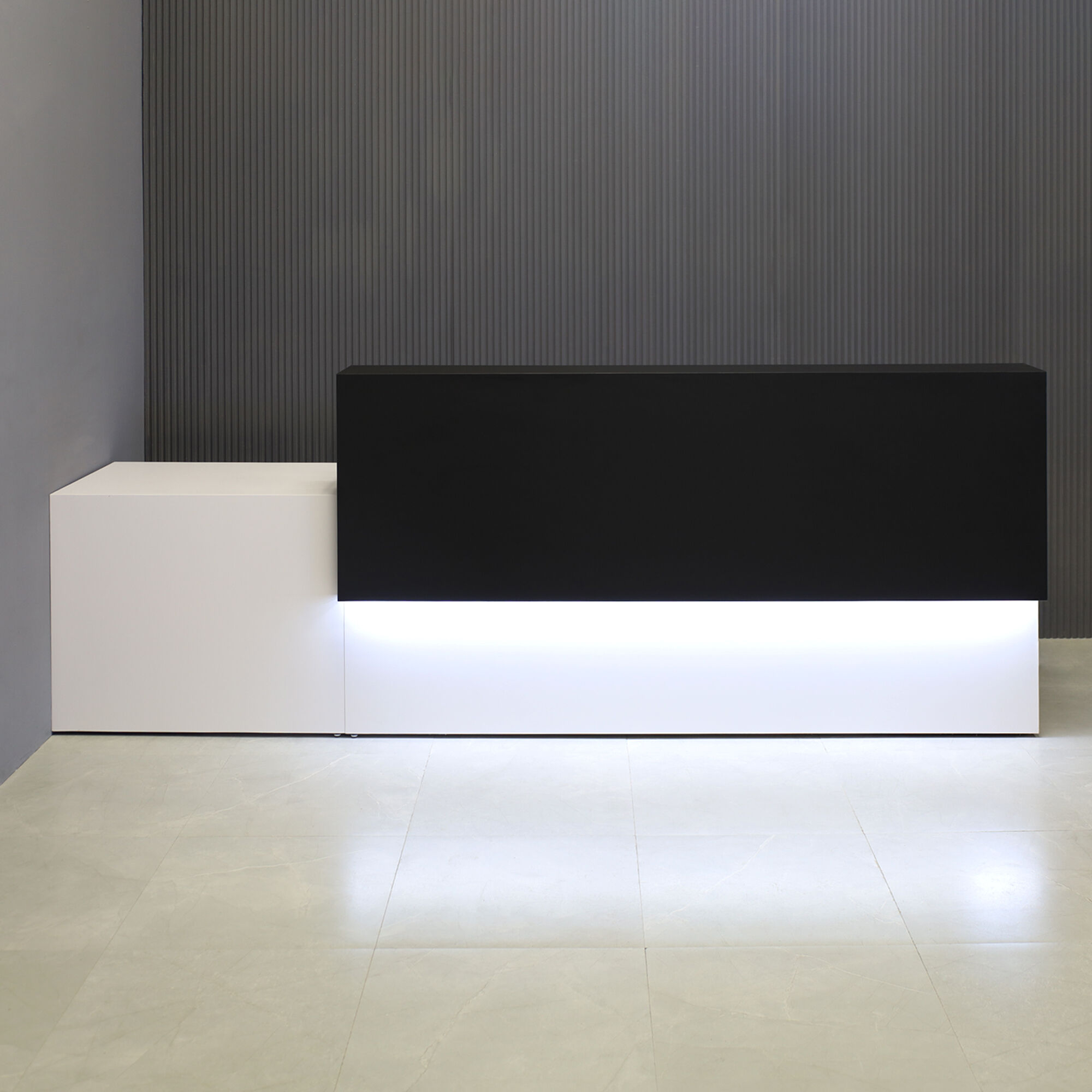 120-inch Los Angeles Long and ADA Compliant Custom Reception Desk with the counter on the right side when facing front in black traceless laminate, white matte laminate desk, and warm white LED.