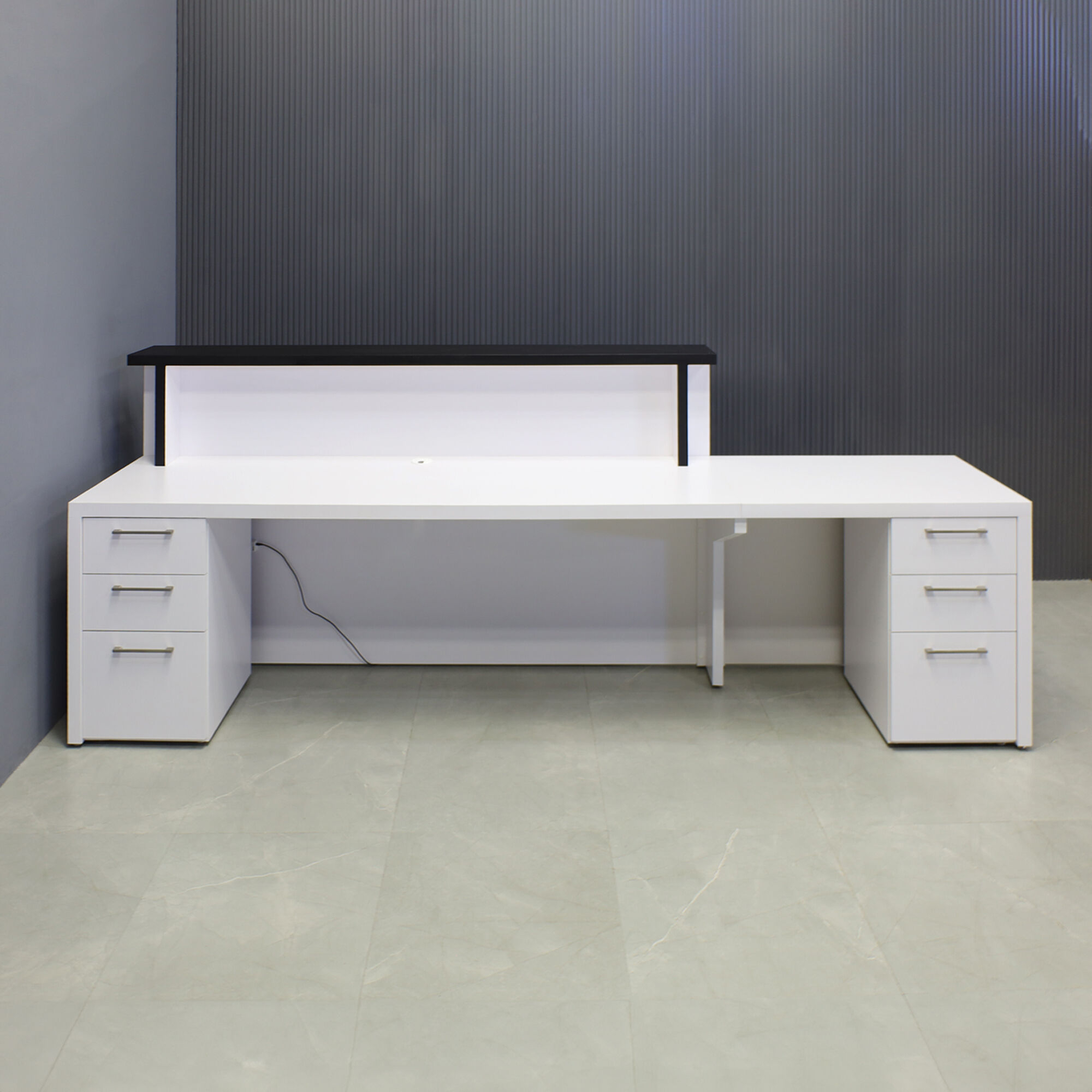 120-inch Los Angeles Long and ADA Compliant Custom Reception Desk with the counter on the right side when facing front in black traceless laminate, white matte laminate desk, and warm white LED. Built-in storage on both sides when sitting.