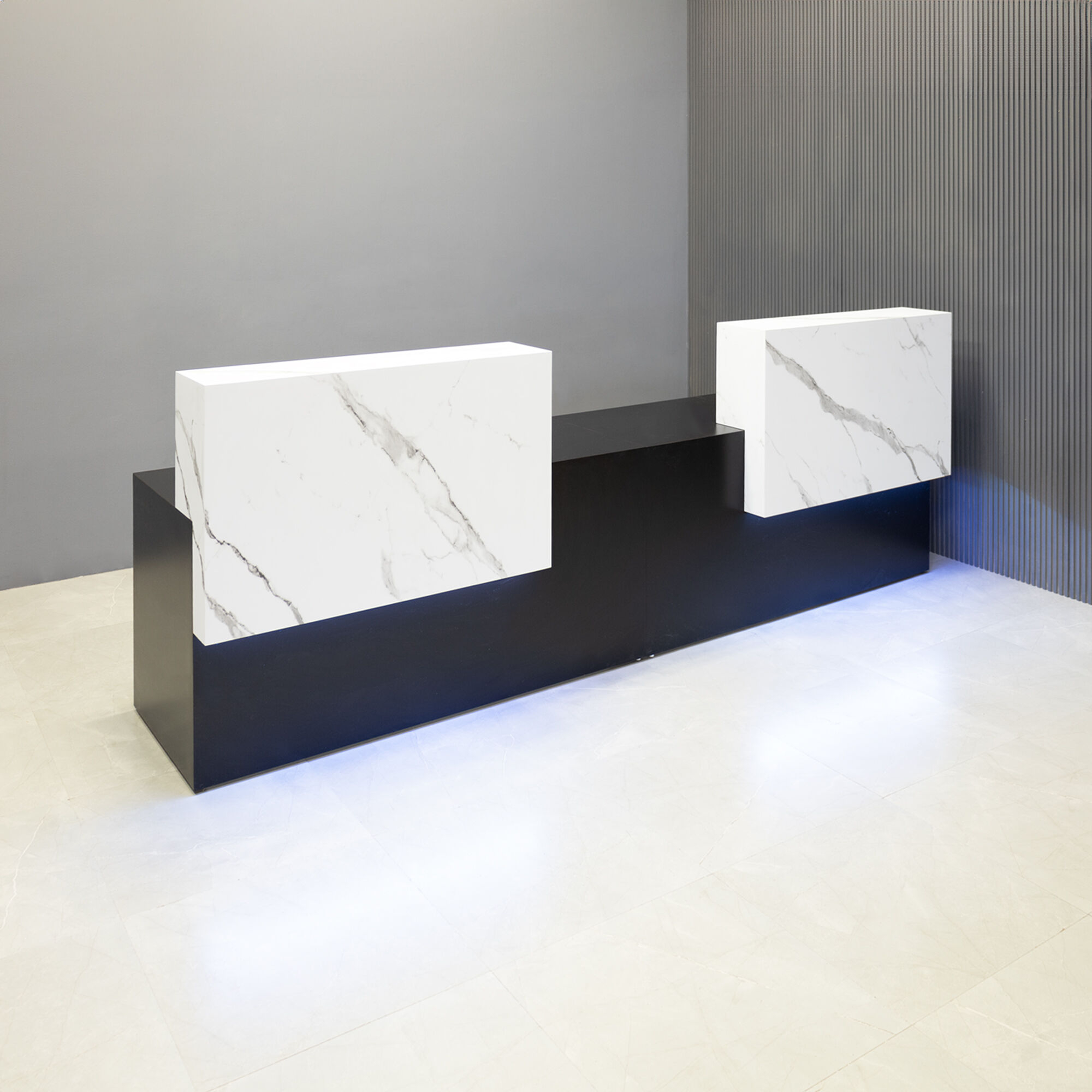 120-inch Los Angeles Double Counter ADA Compliant Custom Reception Desk in calcutta stone pvc counters, black matte laminate desks, and color changing LED.