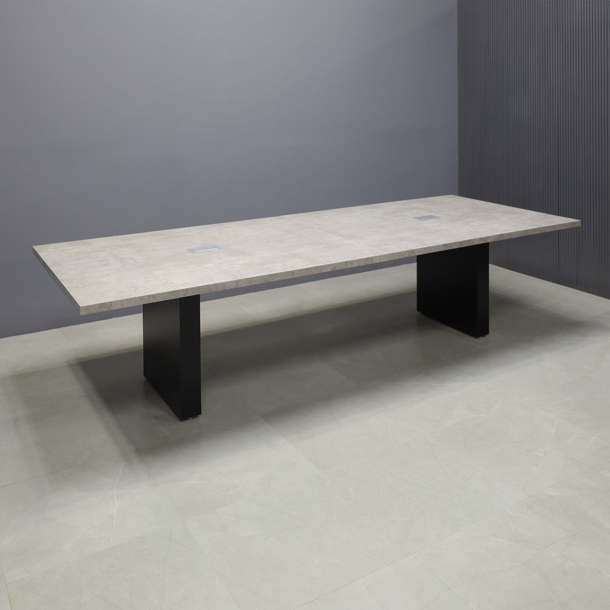 120-inch Newton Rectangular Conference Table in industrial concrete PVC top and black traceless laminate standard base, with two silver MX2 power boxes, shown here.