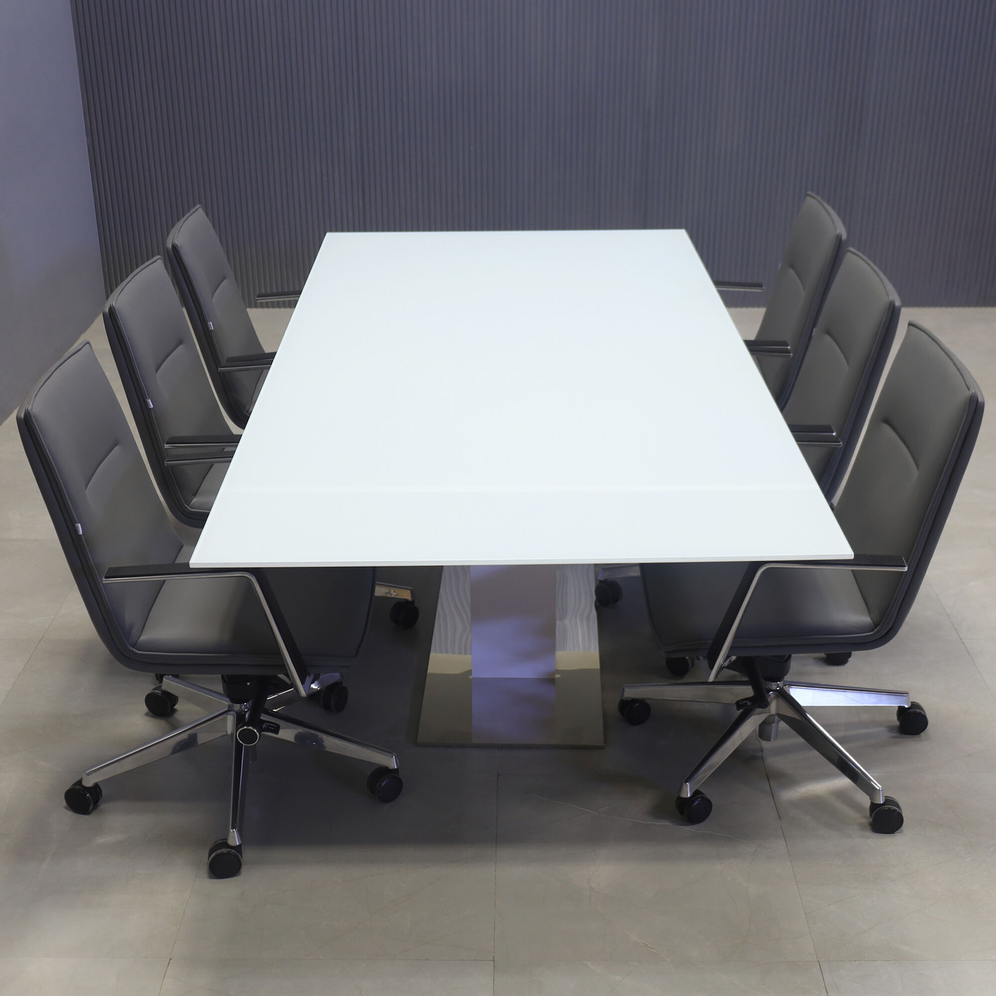 90-inch Omaha Rectangular Shape Conference Table, white gloss laminate pedestal with silver X3 base.