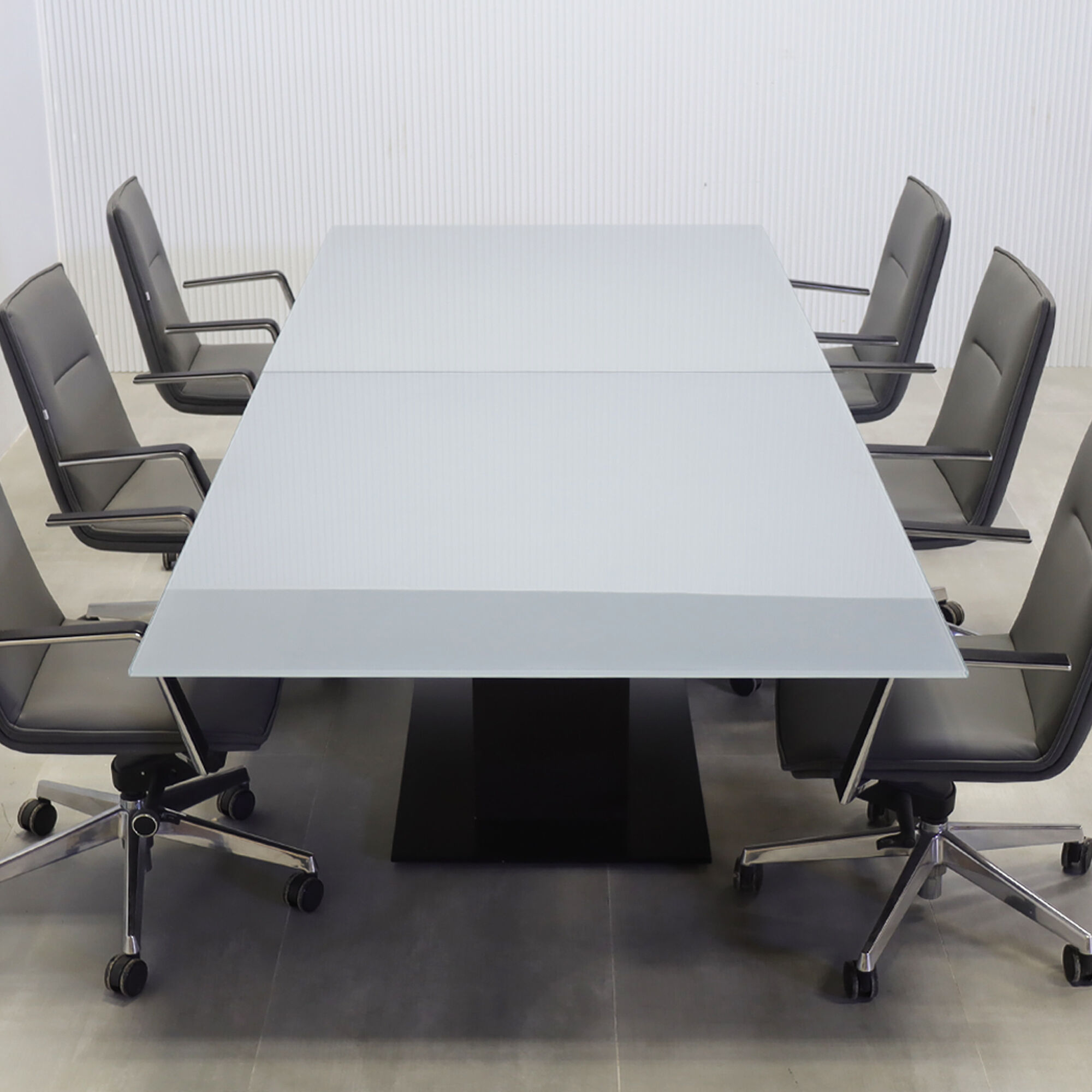 120-inches Omaha Rectangular Shape Conference Table with medium gray tempered glass top, ebony reccon matte laminate pedestal, black powder coated metal pedestal, black powder coated metal X3 base.