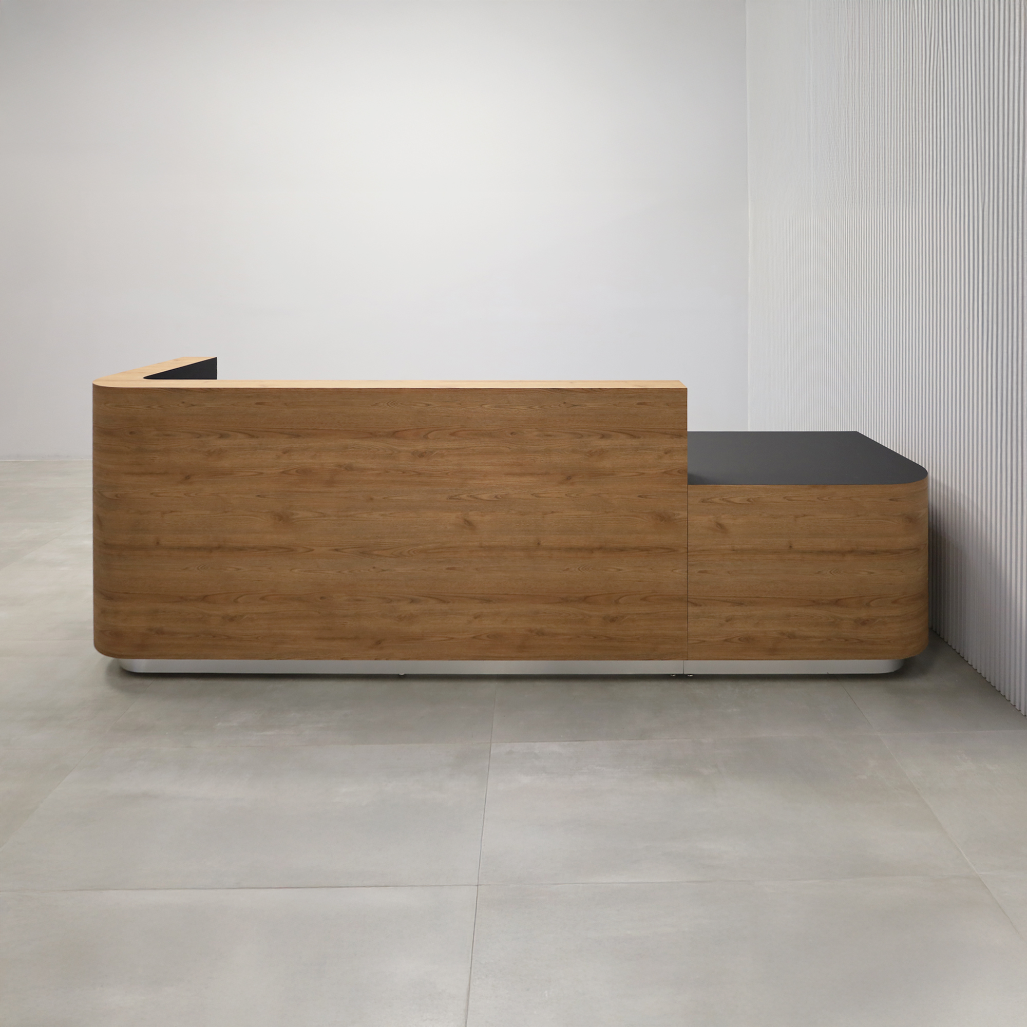 120-inch Nola ADA Reception Desk with Spiced Chestnut Matte laminate counter & desk, Black traceless laminate workspace & storage, and brushed aluminum toe-kick.