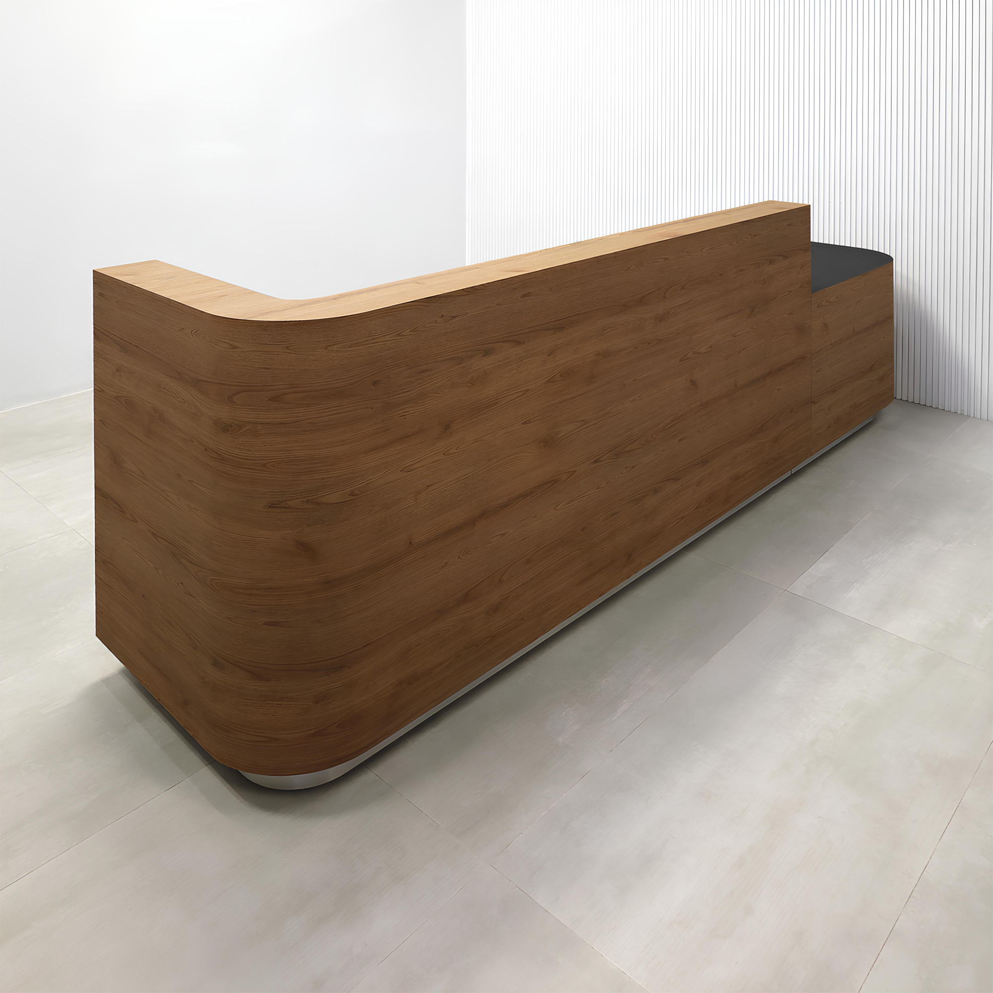 120-inch Nola ADA Reception Desk with Spiced Chestnut Matte laminate counter & desk, Black traceless laminate workspace & storage, and brushed aluminum toe-kick.
