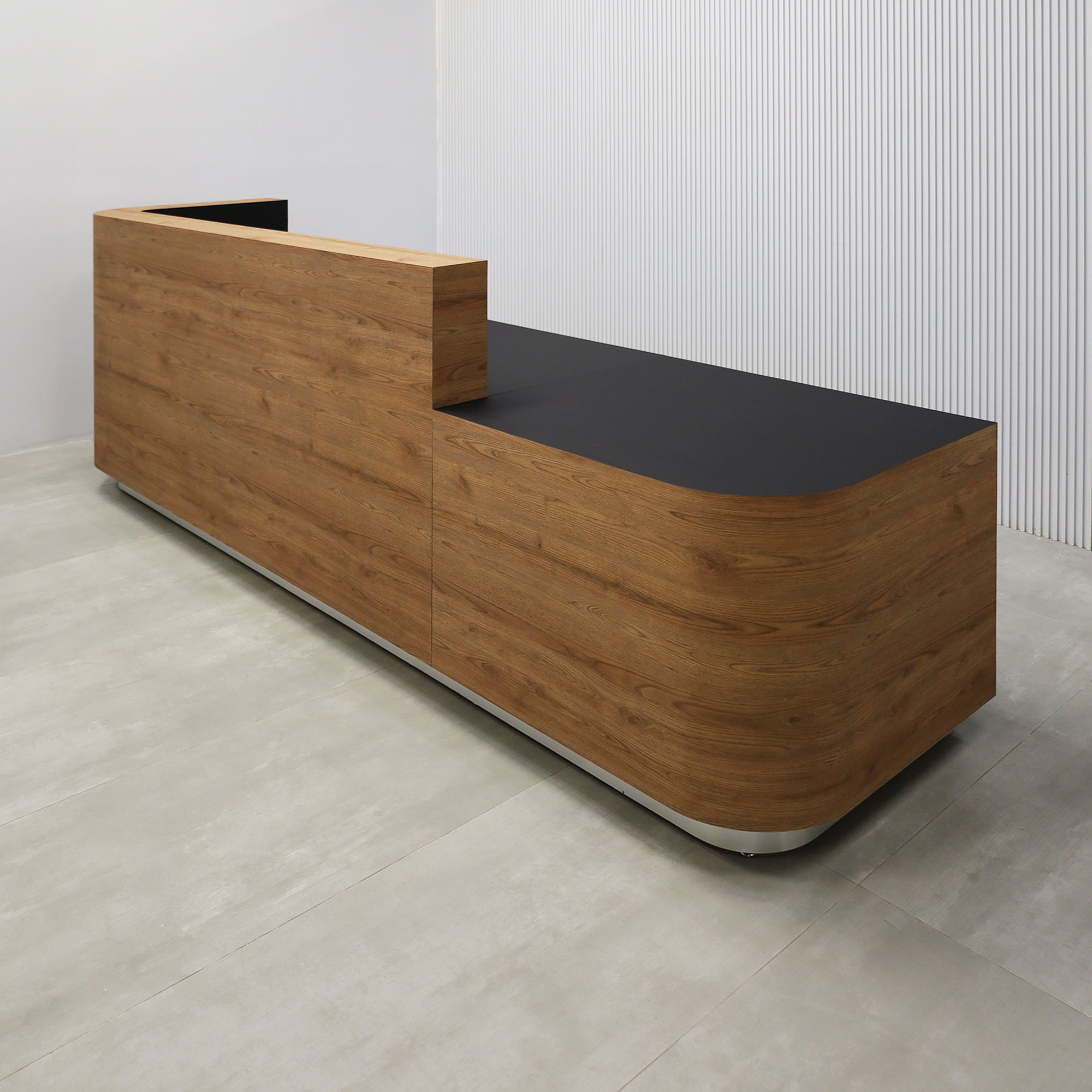 120-inch Nola ADA Reception Desk with Spiced Chestnut Matte laminate counter & desk, Black traceless laminate workspace & storage, and brushed aluminum toe-kick.