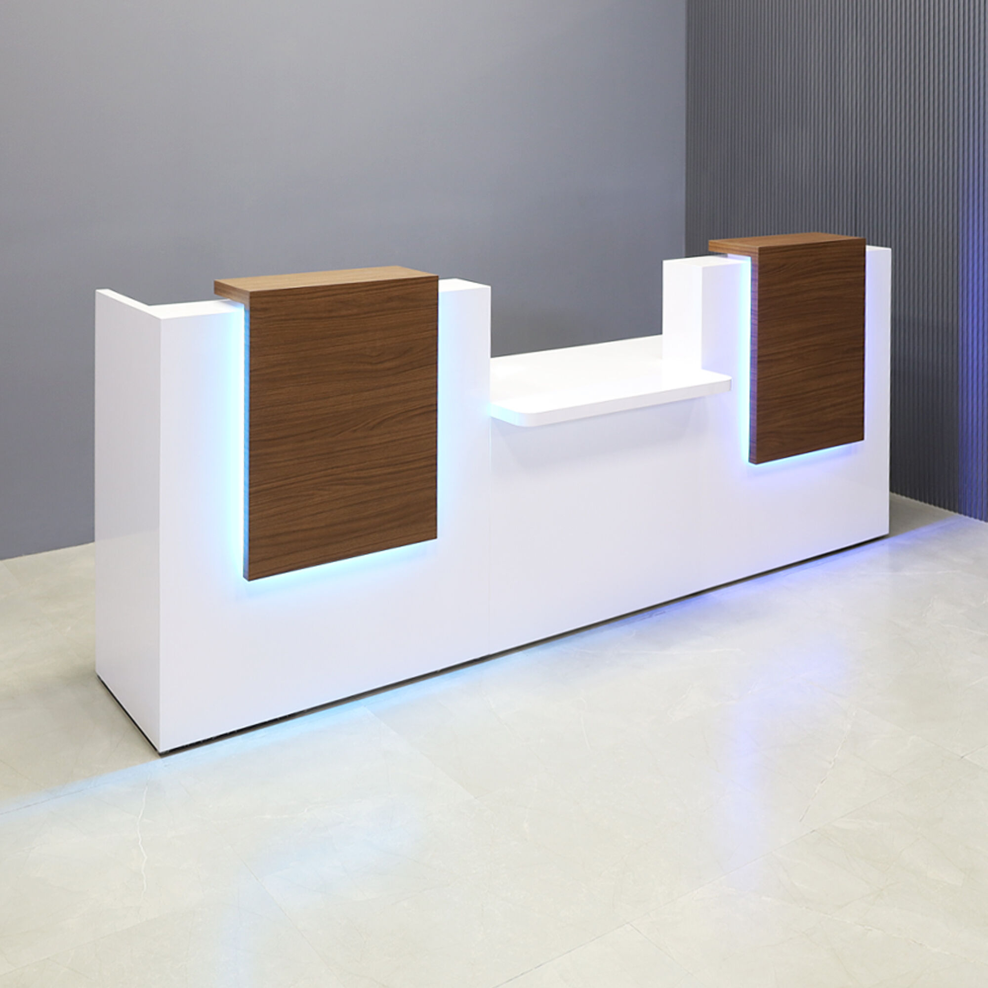 120-inch Chicago Double Counter and ADA Compliant Custom Reception Desk in walnut heights matte laminate counters, white gloss laminate desks, and color changing LED.