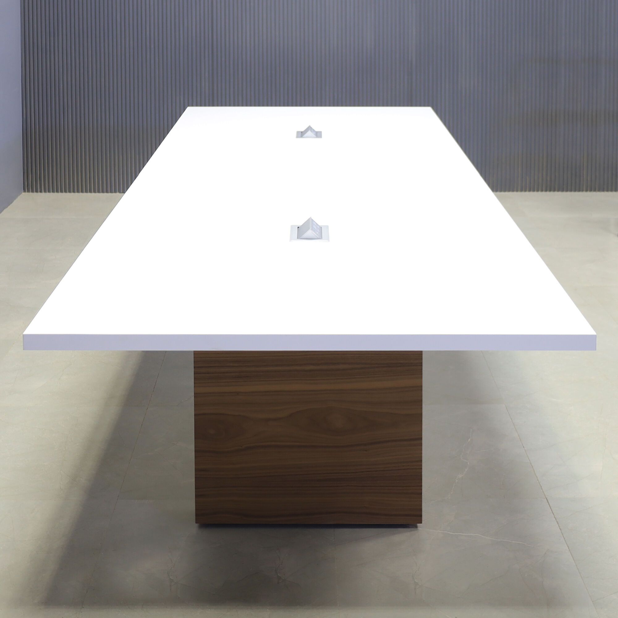 120-inch Newton Rectangular Conference Table in white matte laminate top and walnut veneer standard base, with two silver MX2 power boxes, shown here.