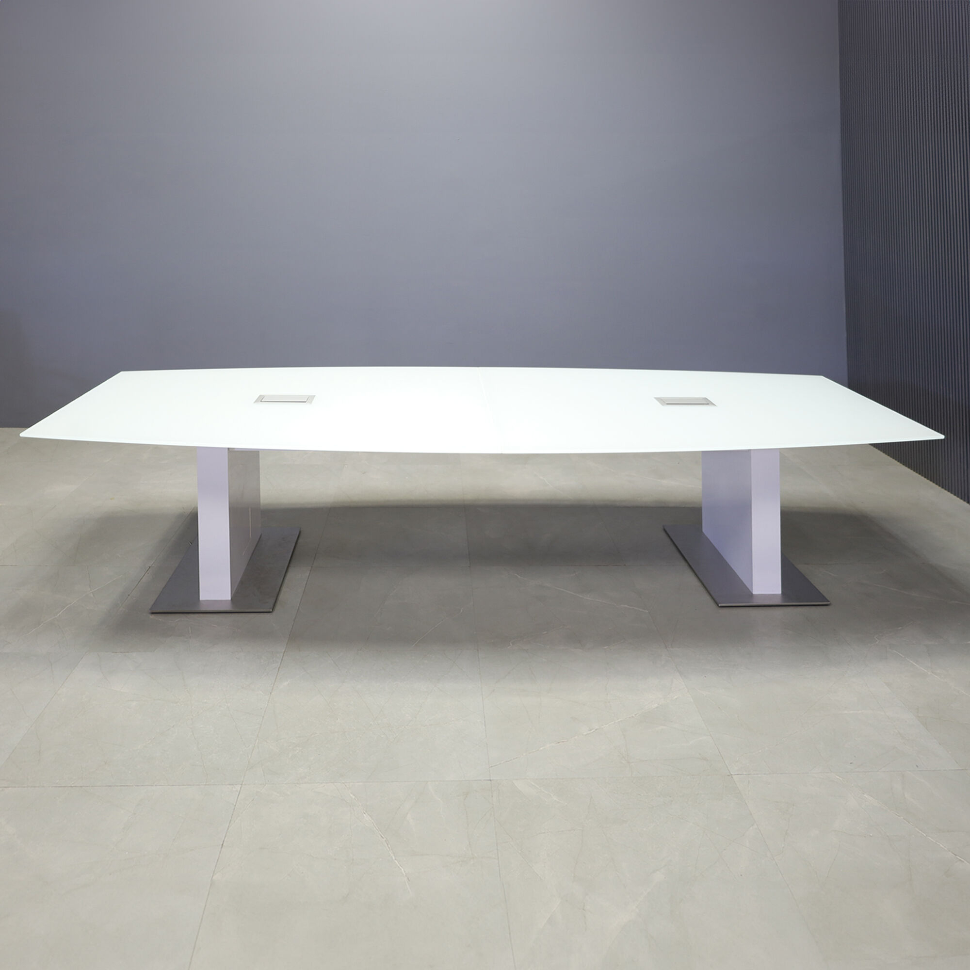 120-inch Omaha Boat Shape Conference Table in 1/2-inch white tempered glass top, custom pedestal base in white gloss laminate, and two silver MX3 power boxes.