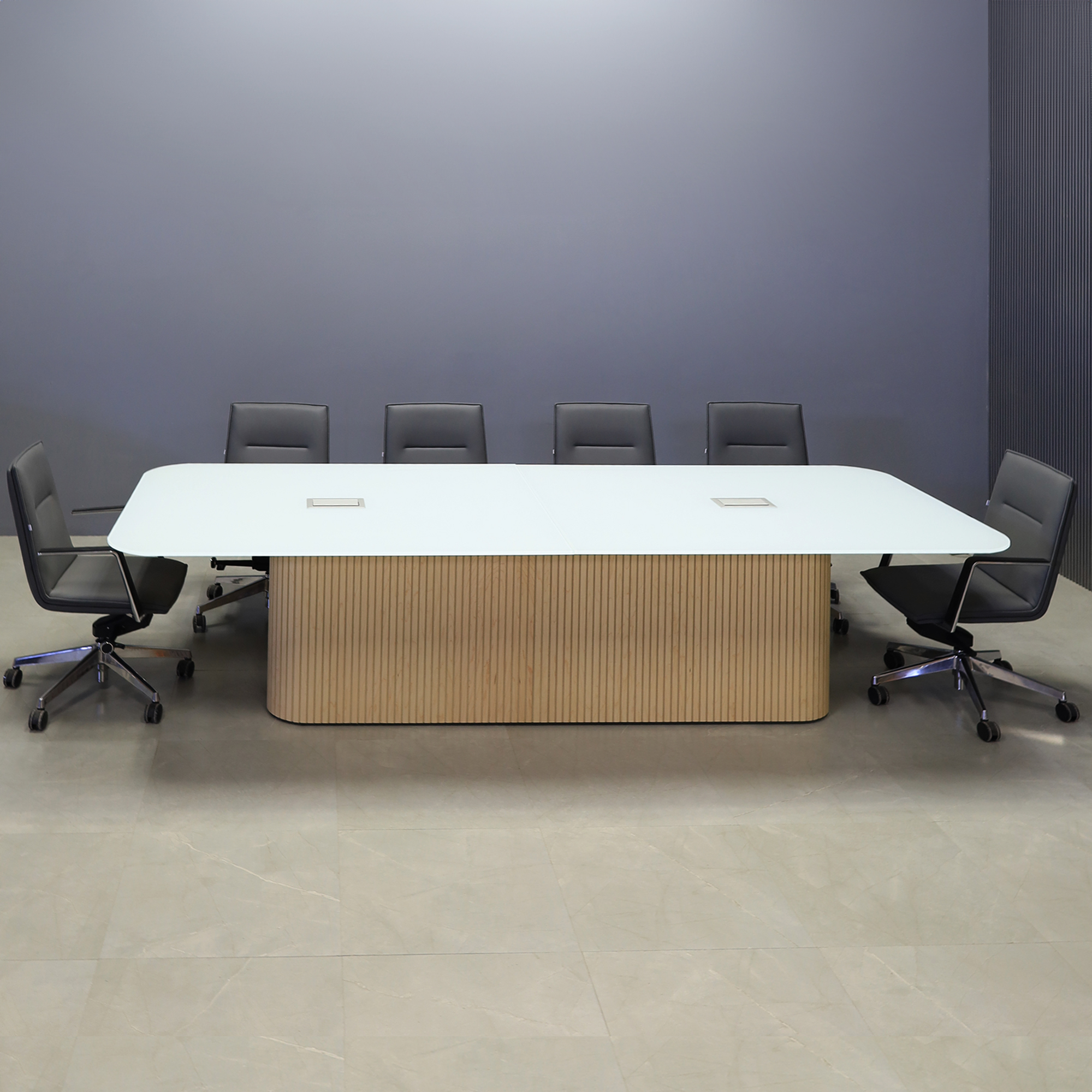 120-inch Omaha Racetrack Conference Table X2 with White Tempered Glass top, Maple tambour X2 base, two silver Mx3 power boxes.