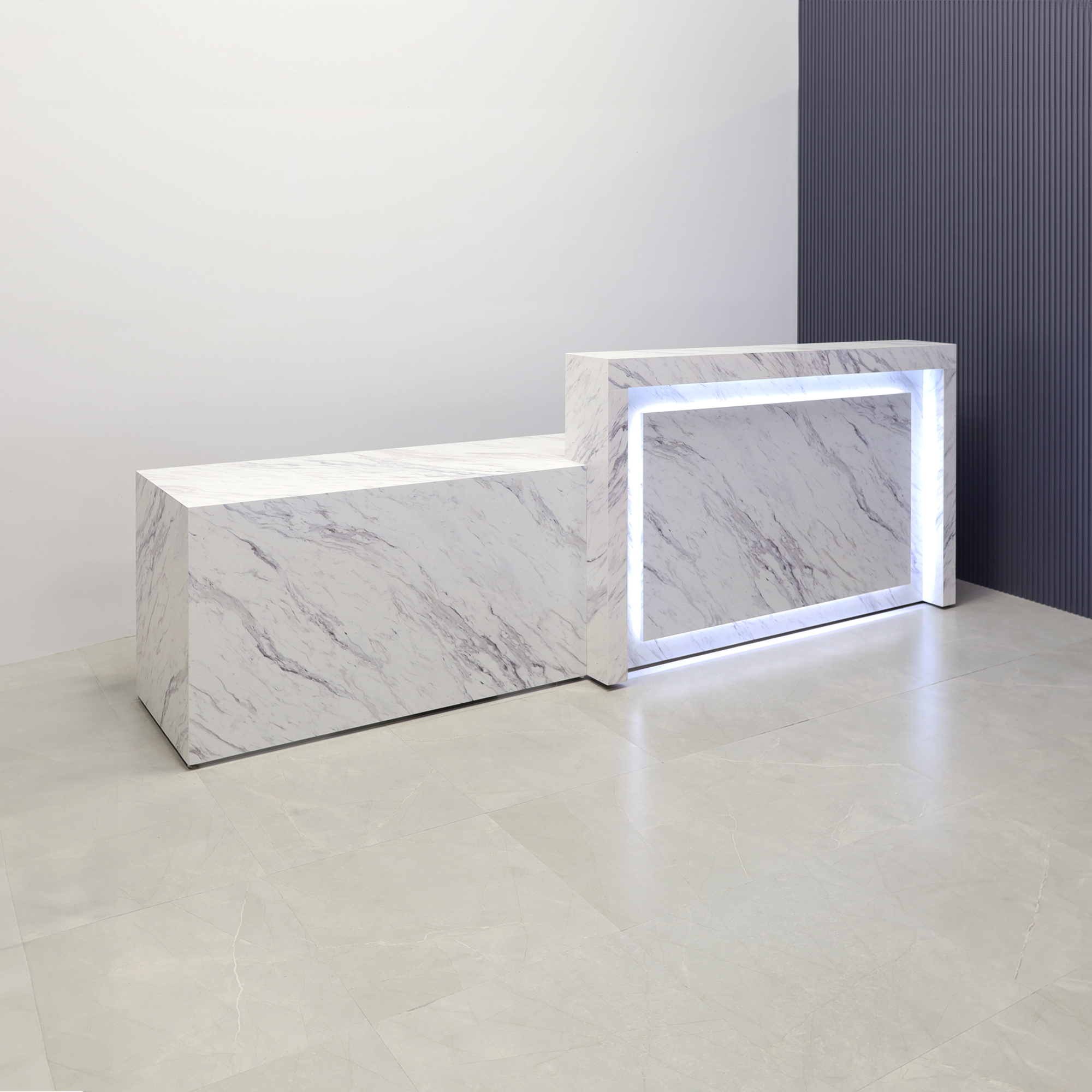 126-inch New York ADA Compliant Custom Reception Desk with Calcutta Laminate desk finish, and white LED.
