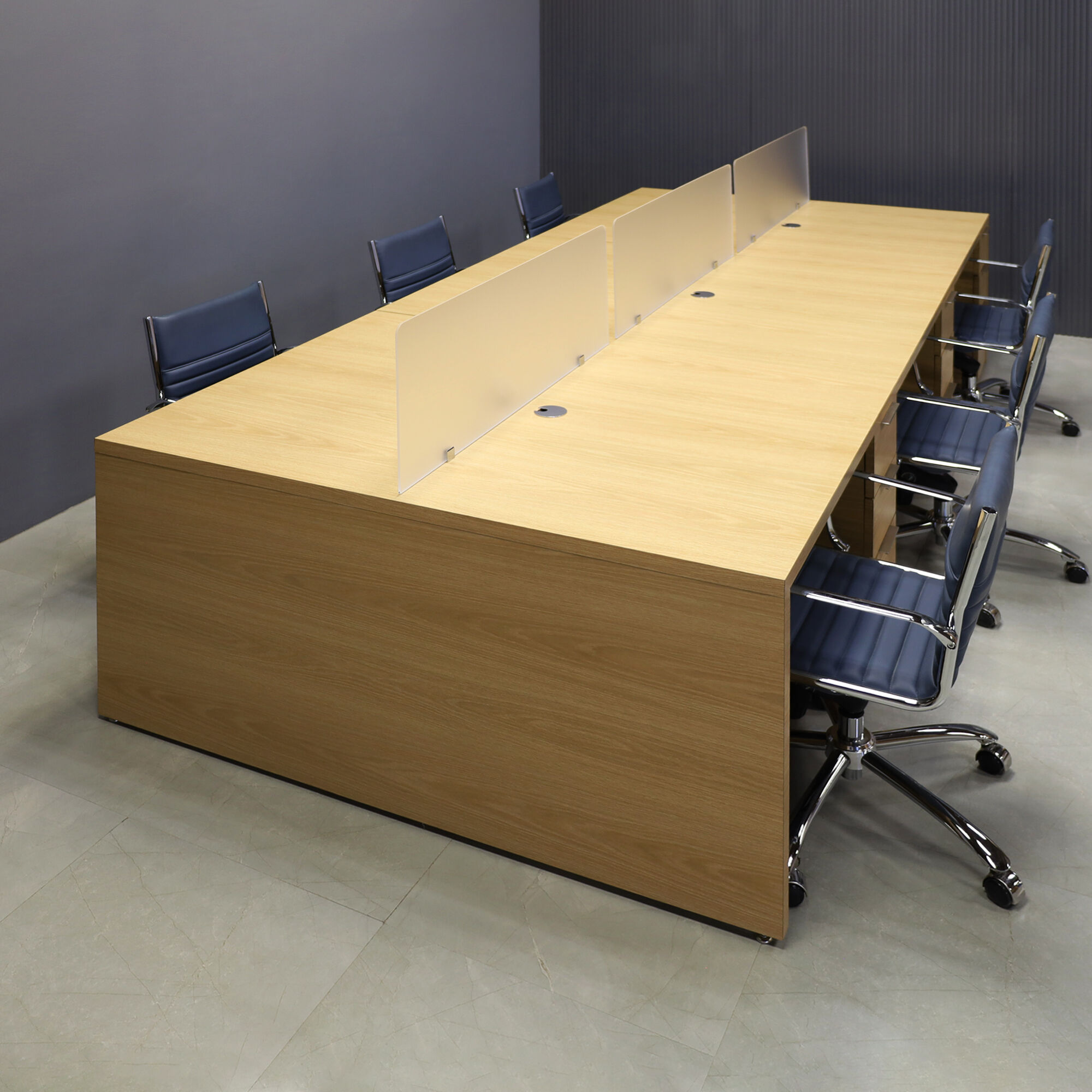 132-inches aXis Custom Workstation in special custom laminate top, legs & storage, with three frosted acrylic partitions.