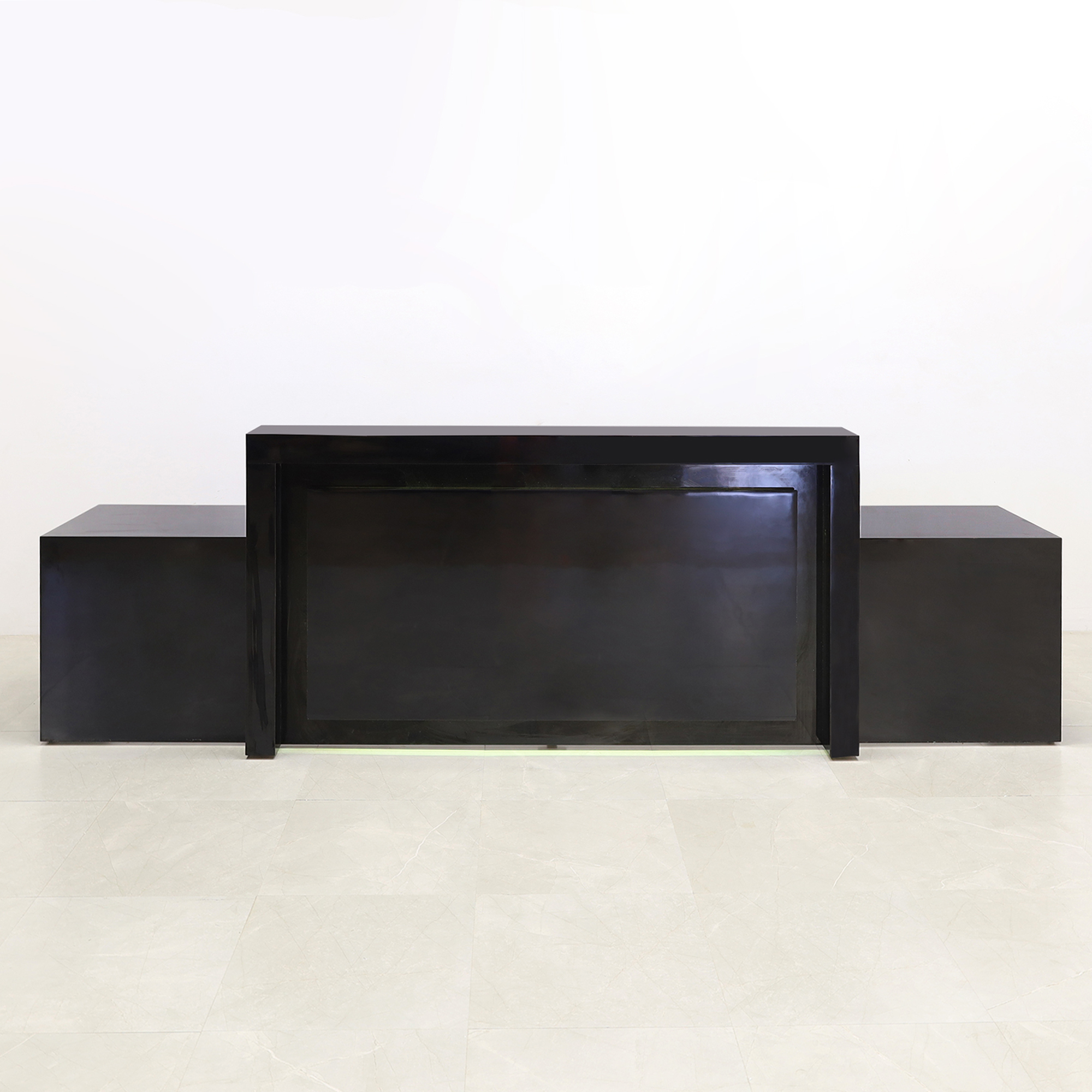 144-inch New York Extra Wide in black gloss laminate main desk, front panel, and recessed accent.