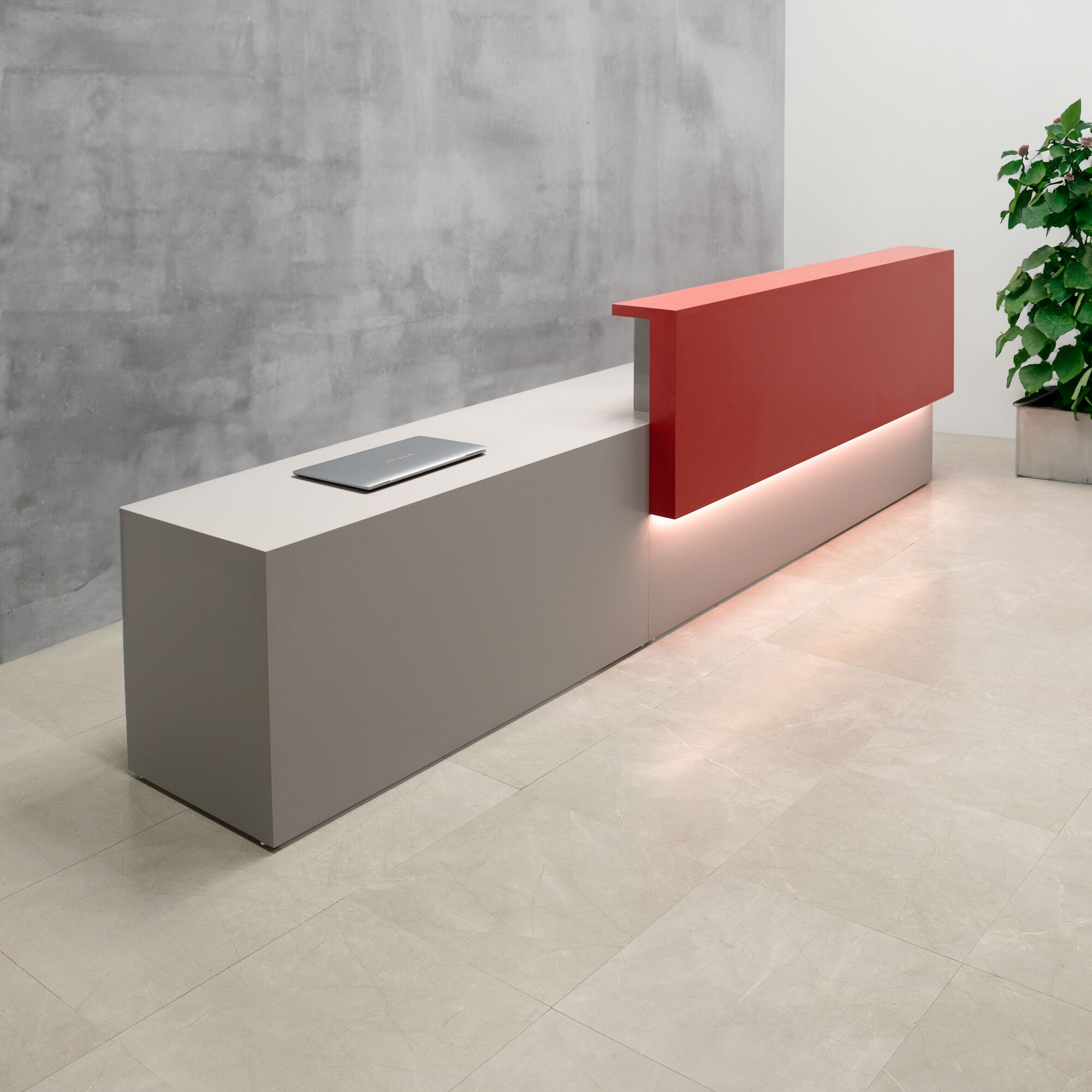 144-inch Los Angeles Long and ADA Compliant Custom Reception Desk with the counter on the right side when facing front in classic red matte laminate, fog gray matte laminate desk, and warm white LED.