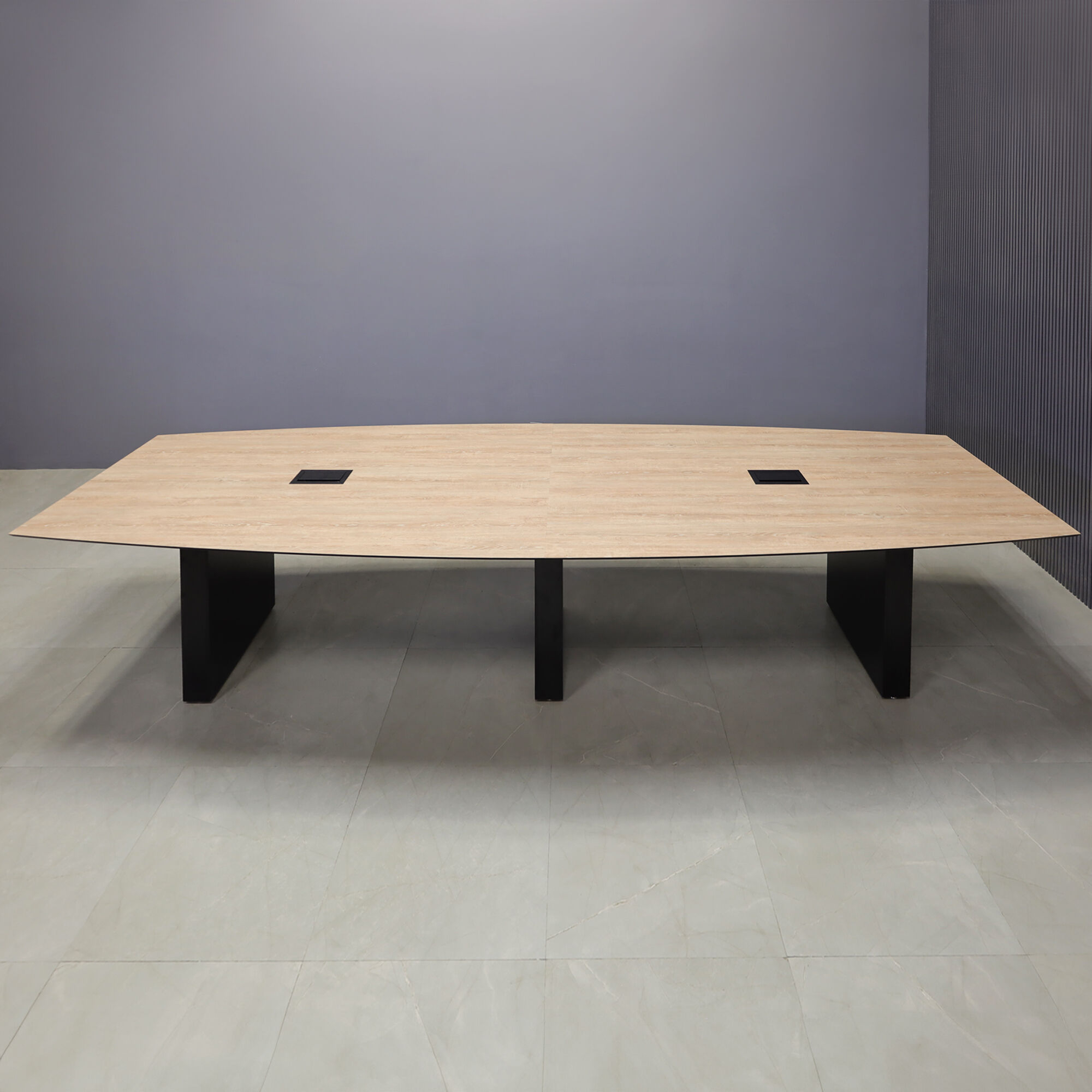 144-inch Aurora Boat Conference Table in 1/2-inch countryside oak engineered surface top, black matte laminate base, and two black MX3 power boxes.