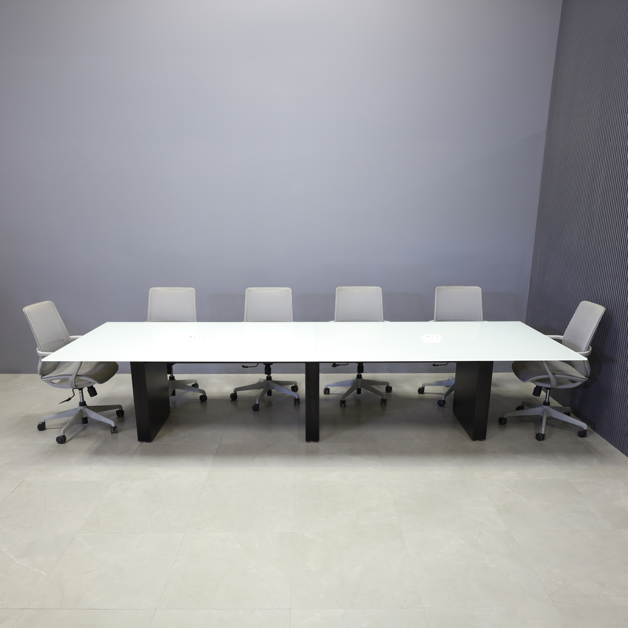 144-inch Omaha Rectangular Conference Table with white glass top, black matte laminate base, and 2 MX2 power boxes in white.