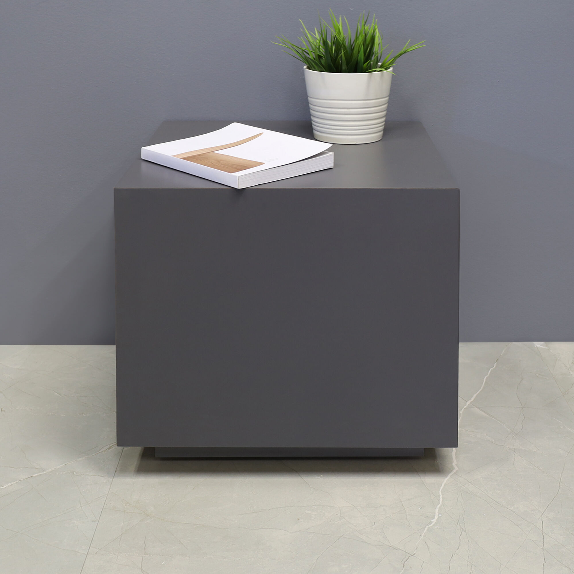 16-inch Norfolk Custom Square Side Table in storm gray matte laminate top, and side table.