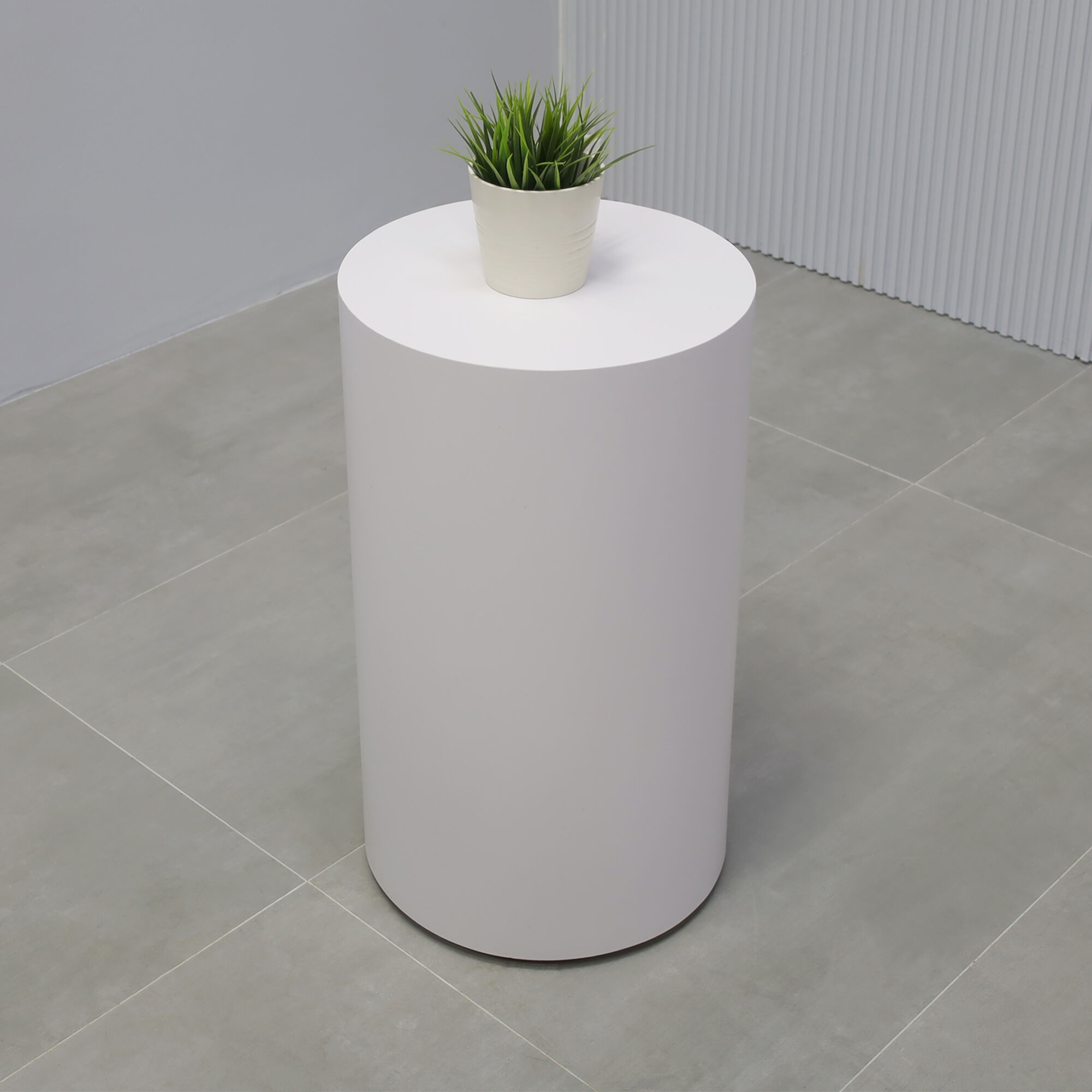 16-inch Norfolk Round Loby Pedestal Lobby Table in white matte laminate top and side table.