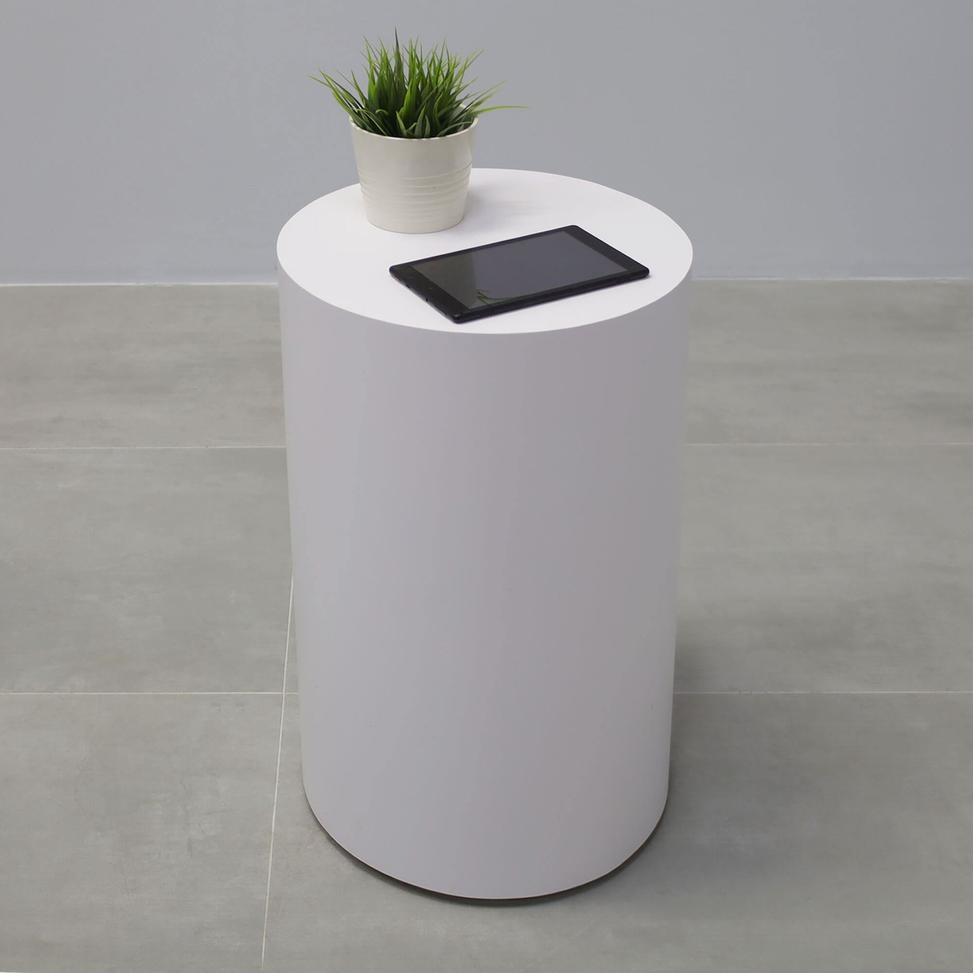 16-inch Norfolk Round Loby Pedestal Lobby Table in white matte laminate top and side table.