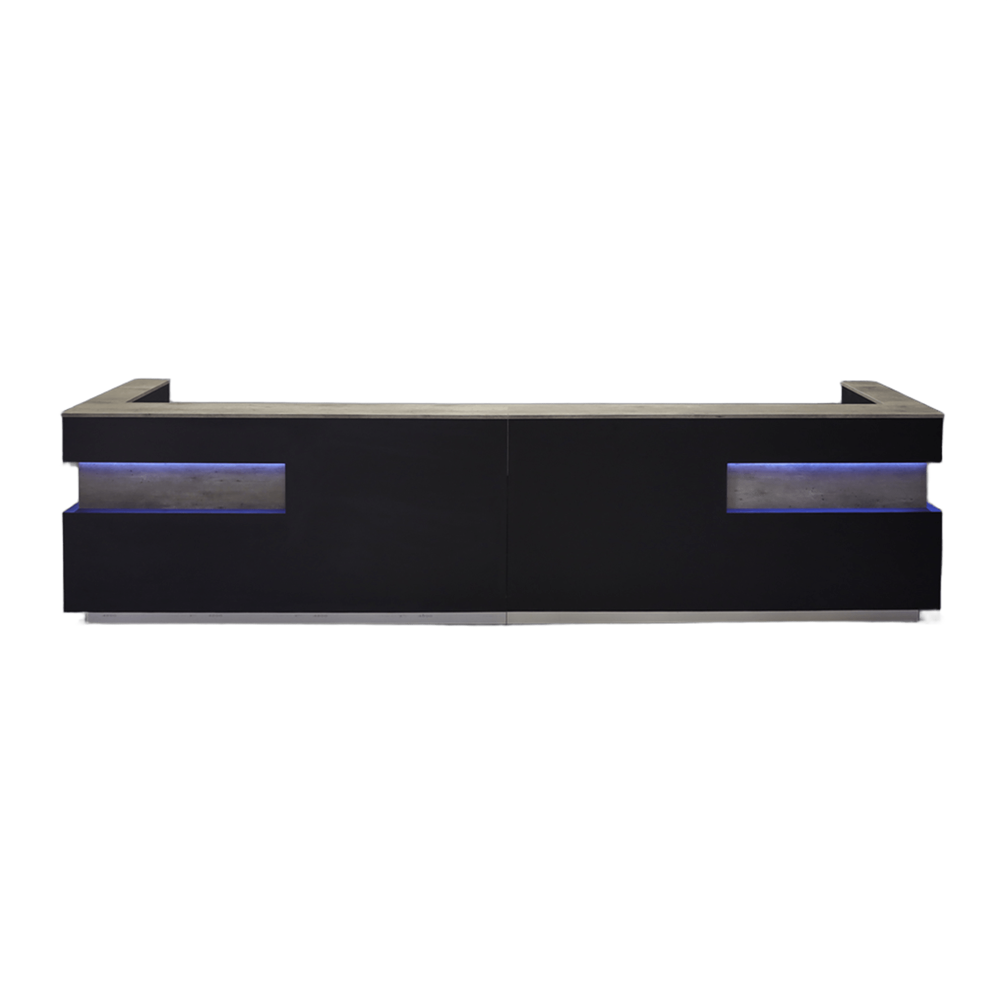 180-inch Manhattan Large U-Shape Custom Reception Desk in metropolitan concrete PVC counter top & accent panel, black traceless laminate main desk, brushed aluminum toe-kick, and color changing LED.