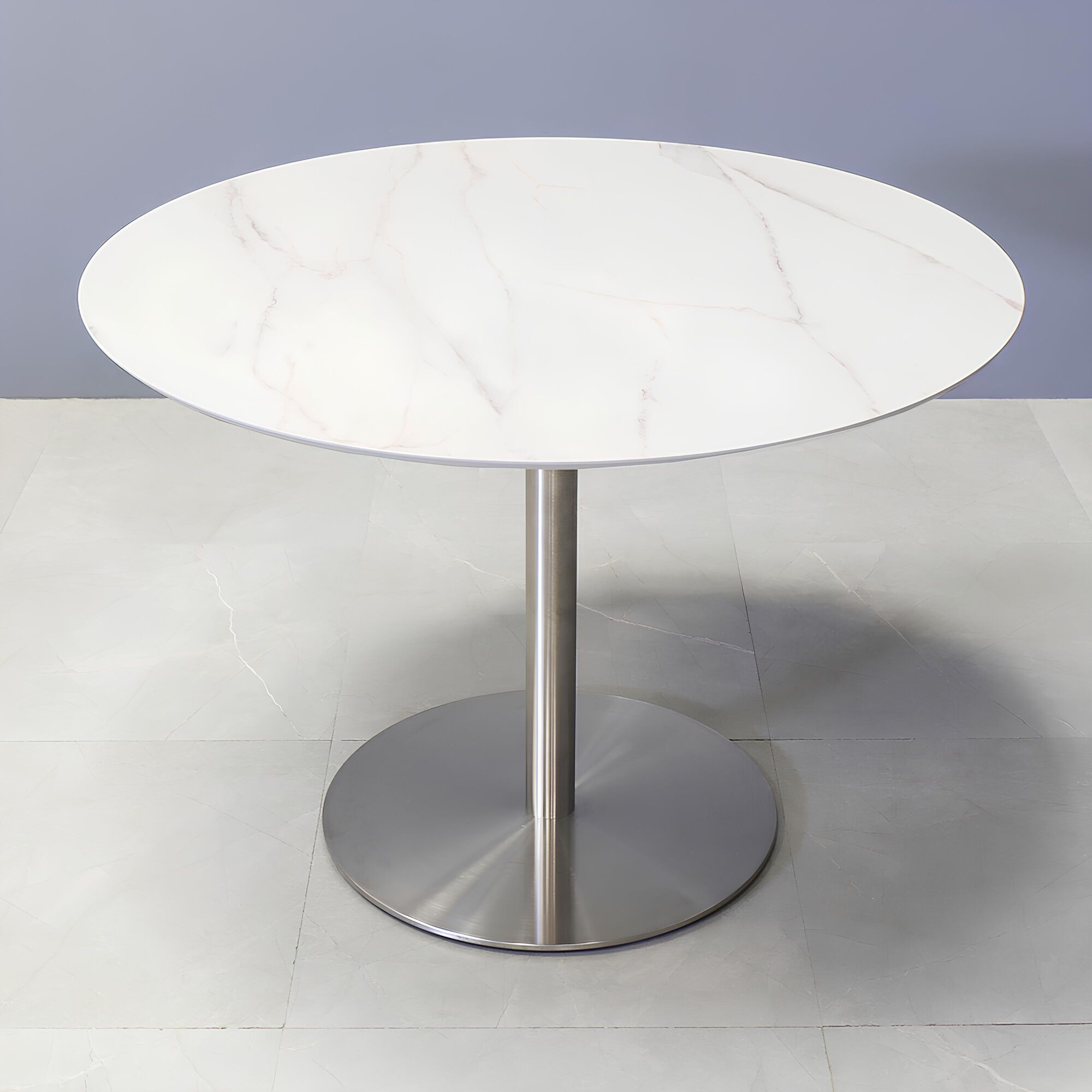 42-inch California Round Conference Table with 1/2-inch calcutta blanc engineered surface top and silver metal powder-coated base.