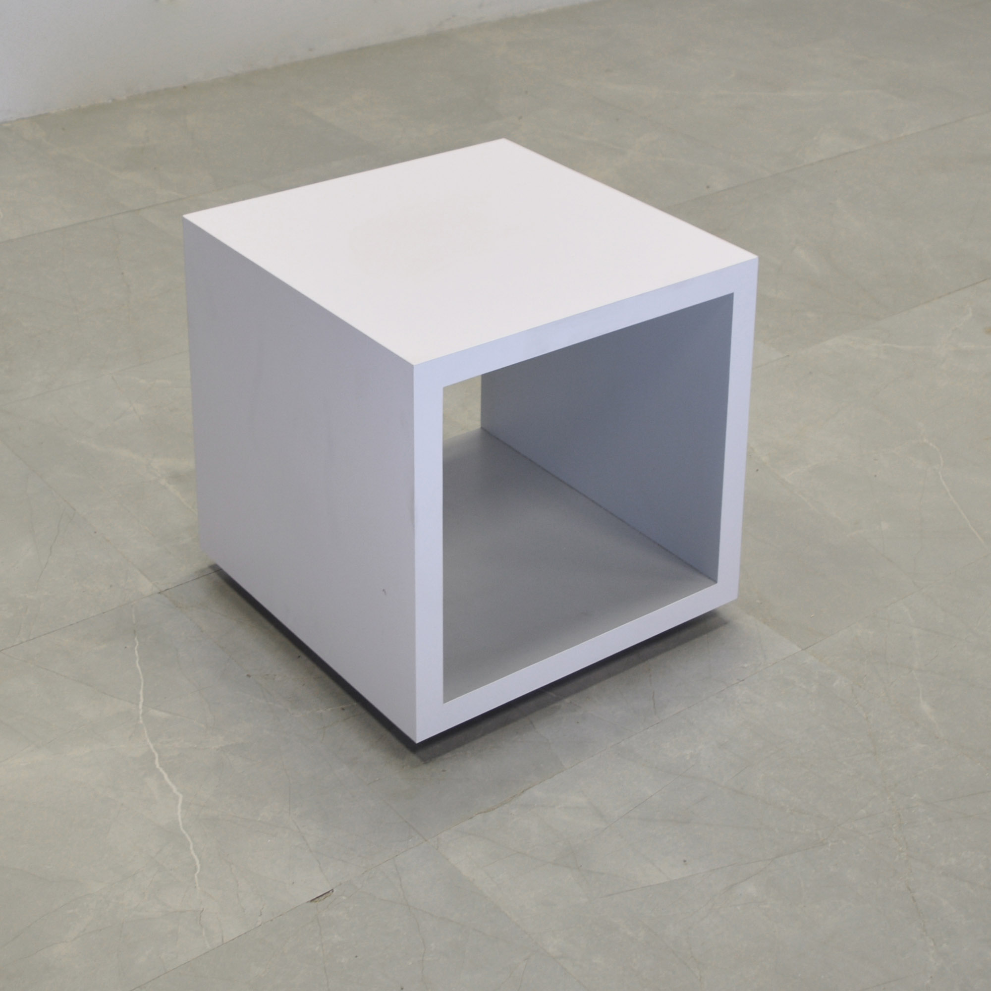 Albany Square Side Table in white matte laminate shown here.