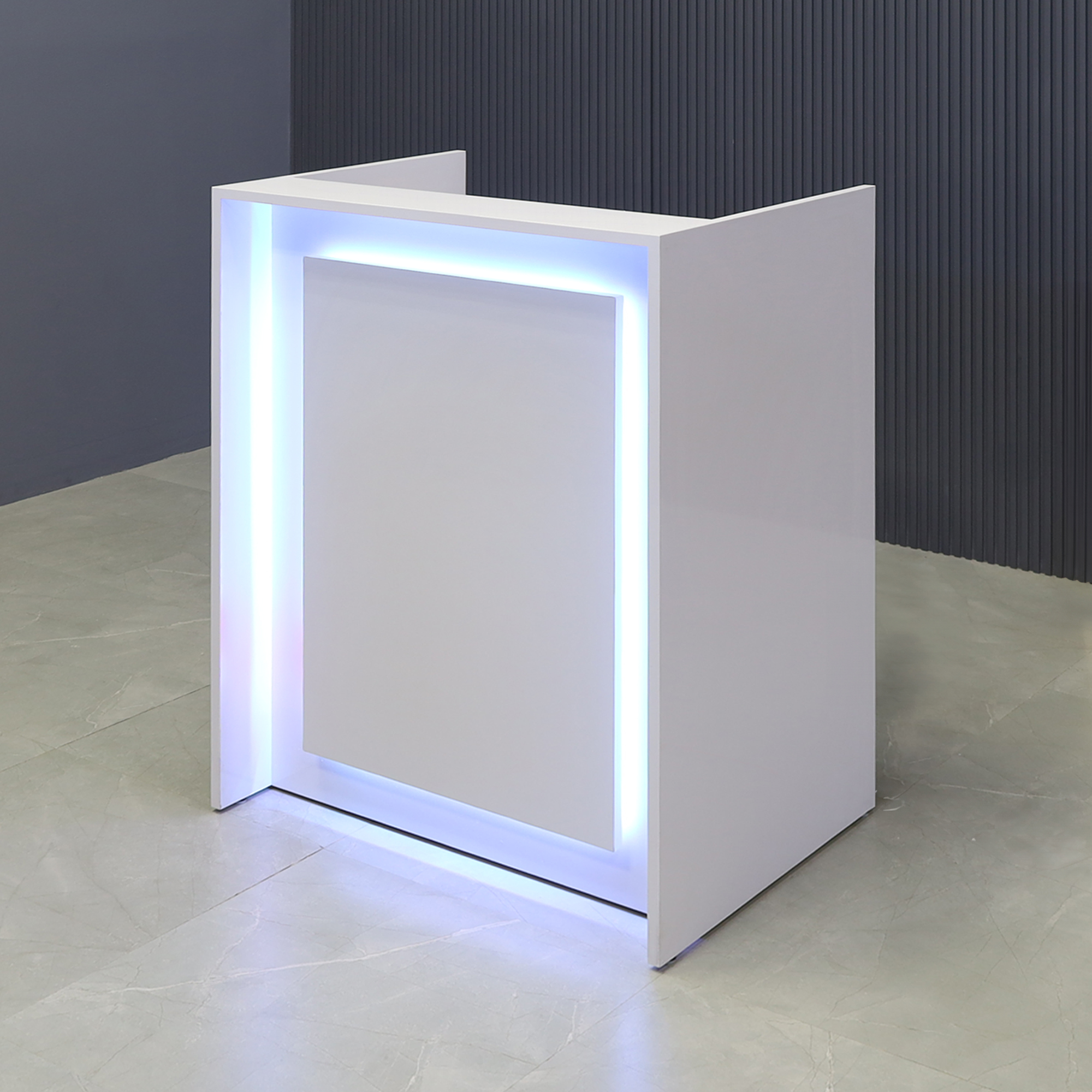 32-inch New York U-Shape Podium & Host Custom Desk in white gloss laminate main desk, front panel & accent recessed, and color changing LED.