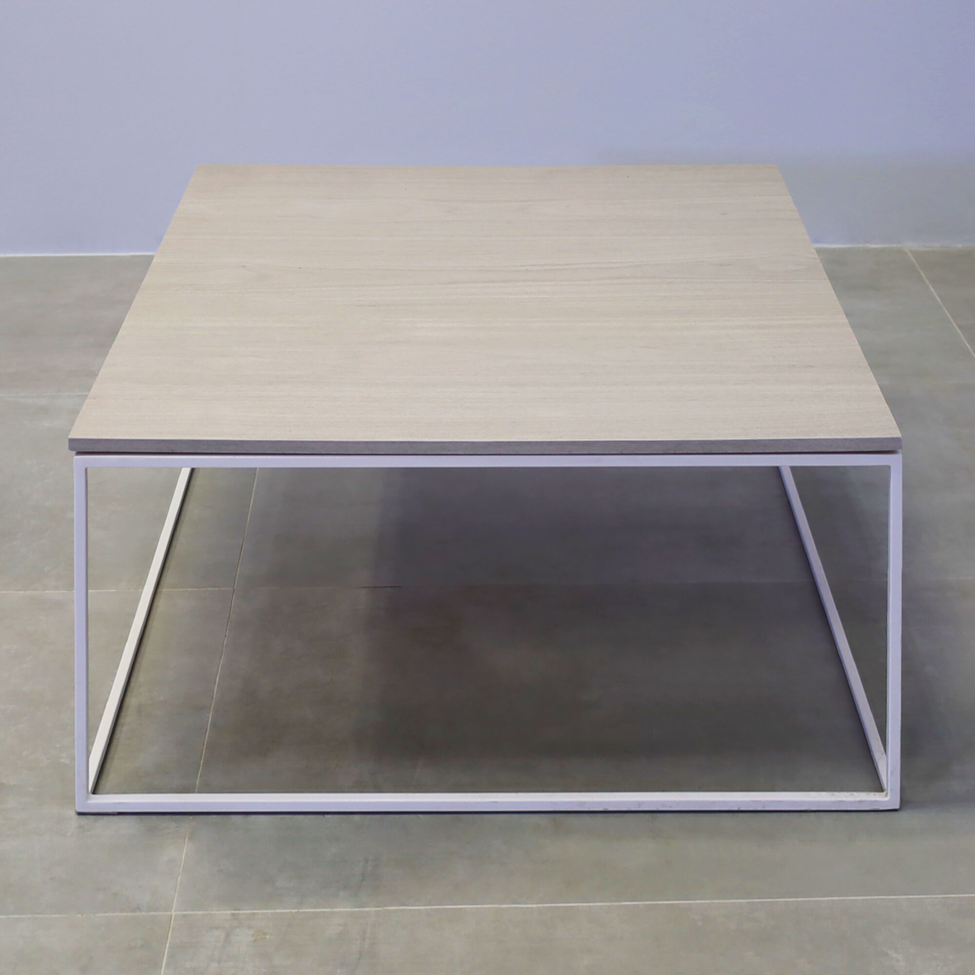 36-inch Aspen Square Lobby Table in gray oak matte PVC top, and white powder-coated metal base.