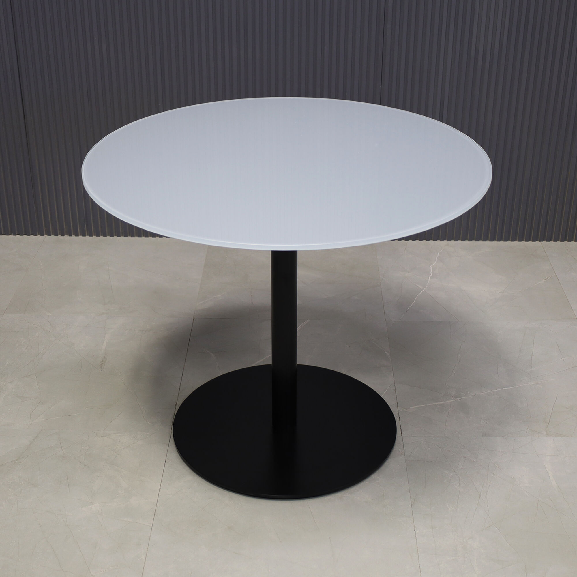 36-inch California Round Conference Table with 1/2-inch light gray tempered glass top and black metal powder-coated base.