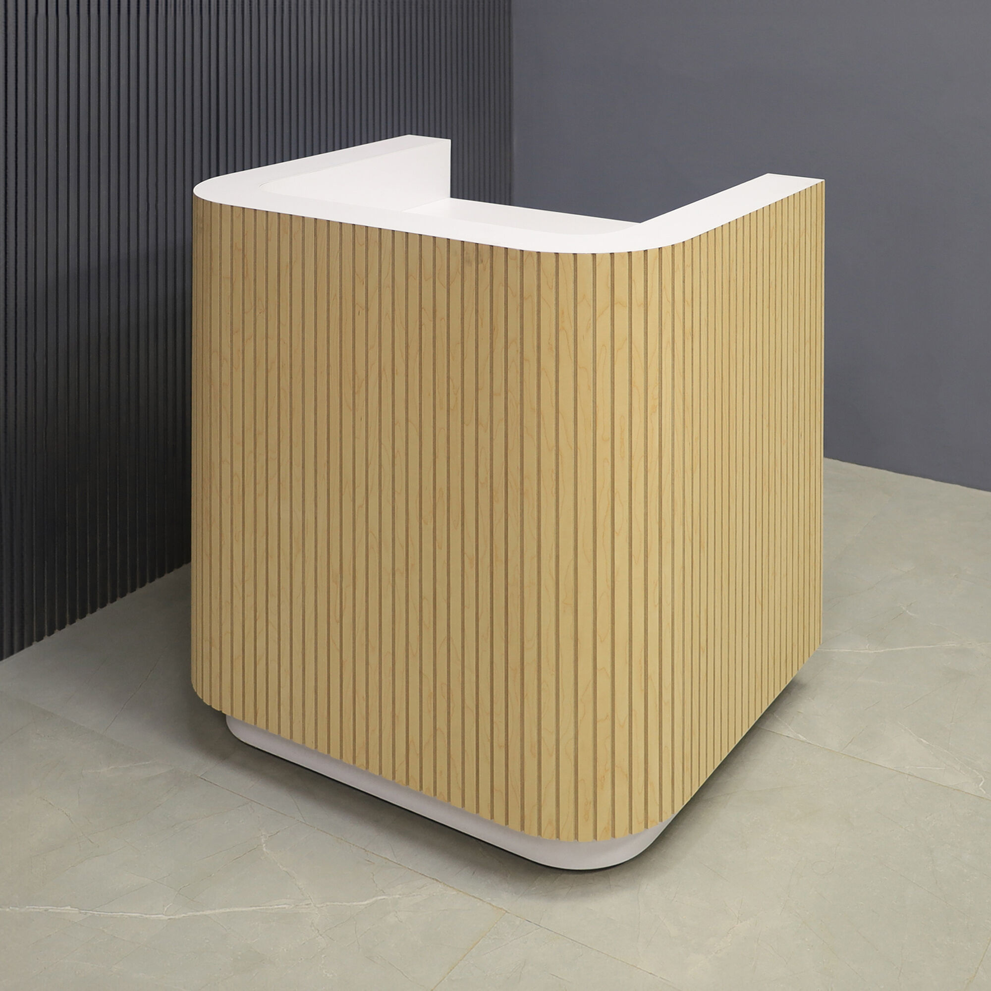 36-inch Nola Podium & Host Custom Desk in maple tambour main desk, and white matte laminate workspace & toe-kick.