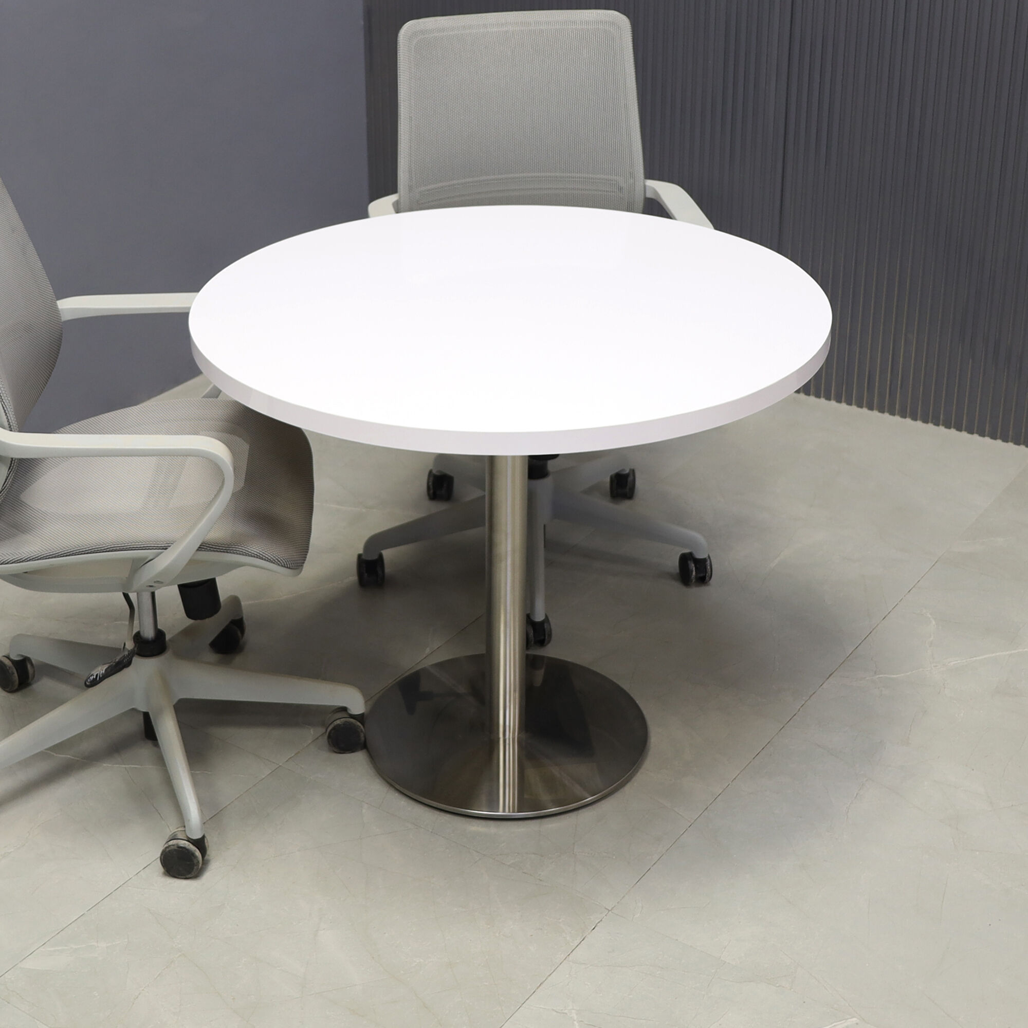 36-inch California Round Cafeteria Table in white gloss laminate top and stainless steel base.