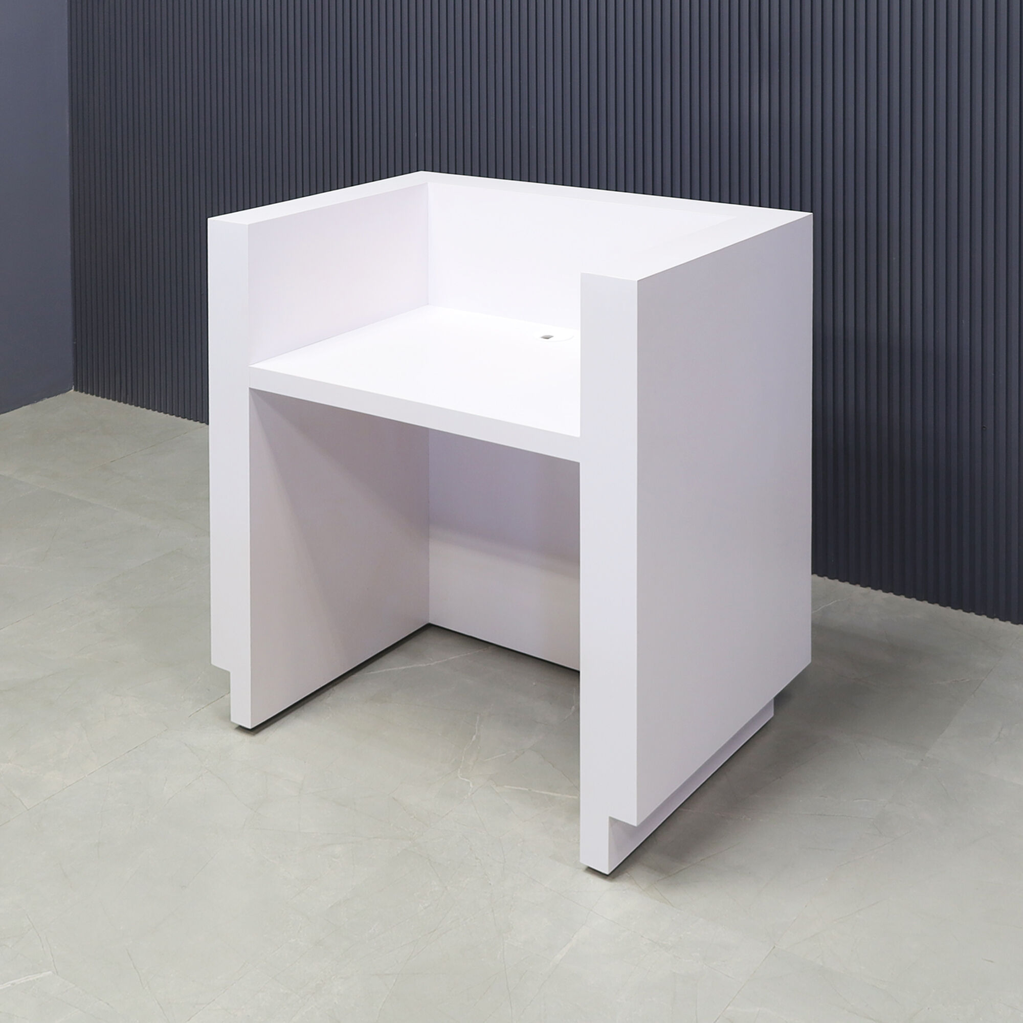 36-inch Dallas U-Shape Podium & Host in white matte laminate main desk and toe-kick.