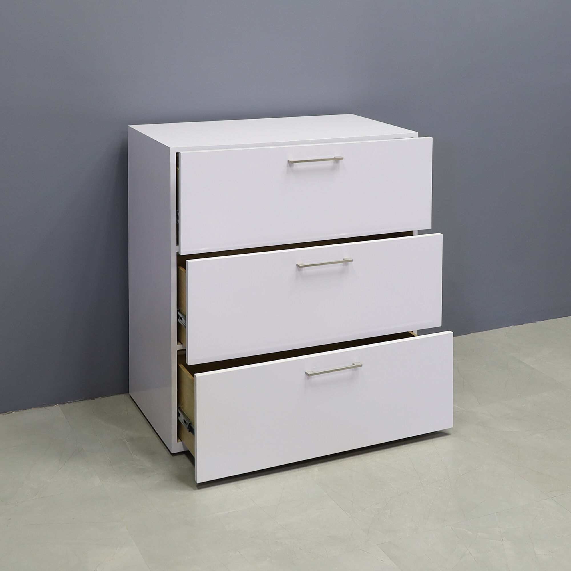 42-inch height Naples Lateral File Cabinet in white gloss laminate cabinet.